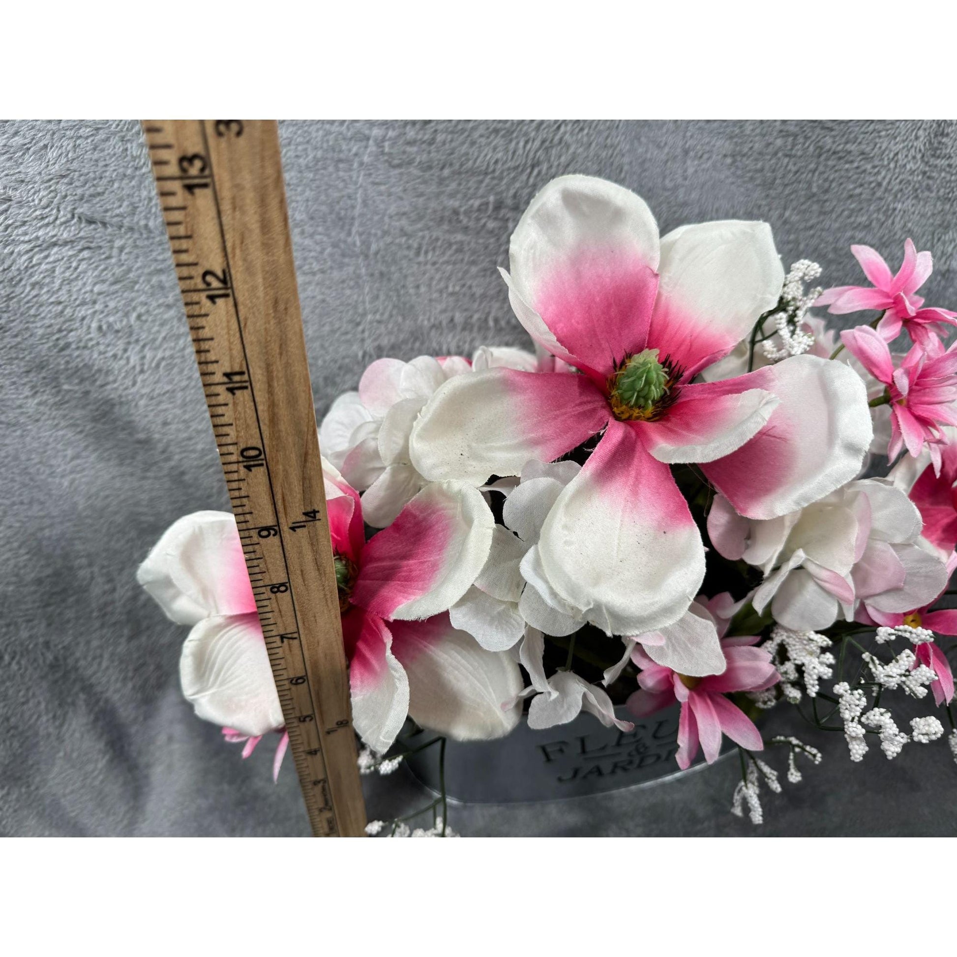 Floral Arrangement Artificial Flower Pink & White In Metal Fleurs Jardin Planter