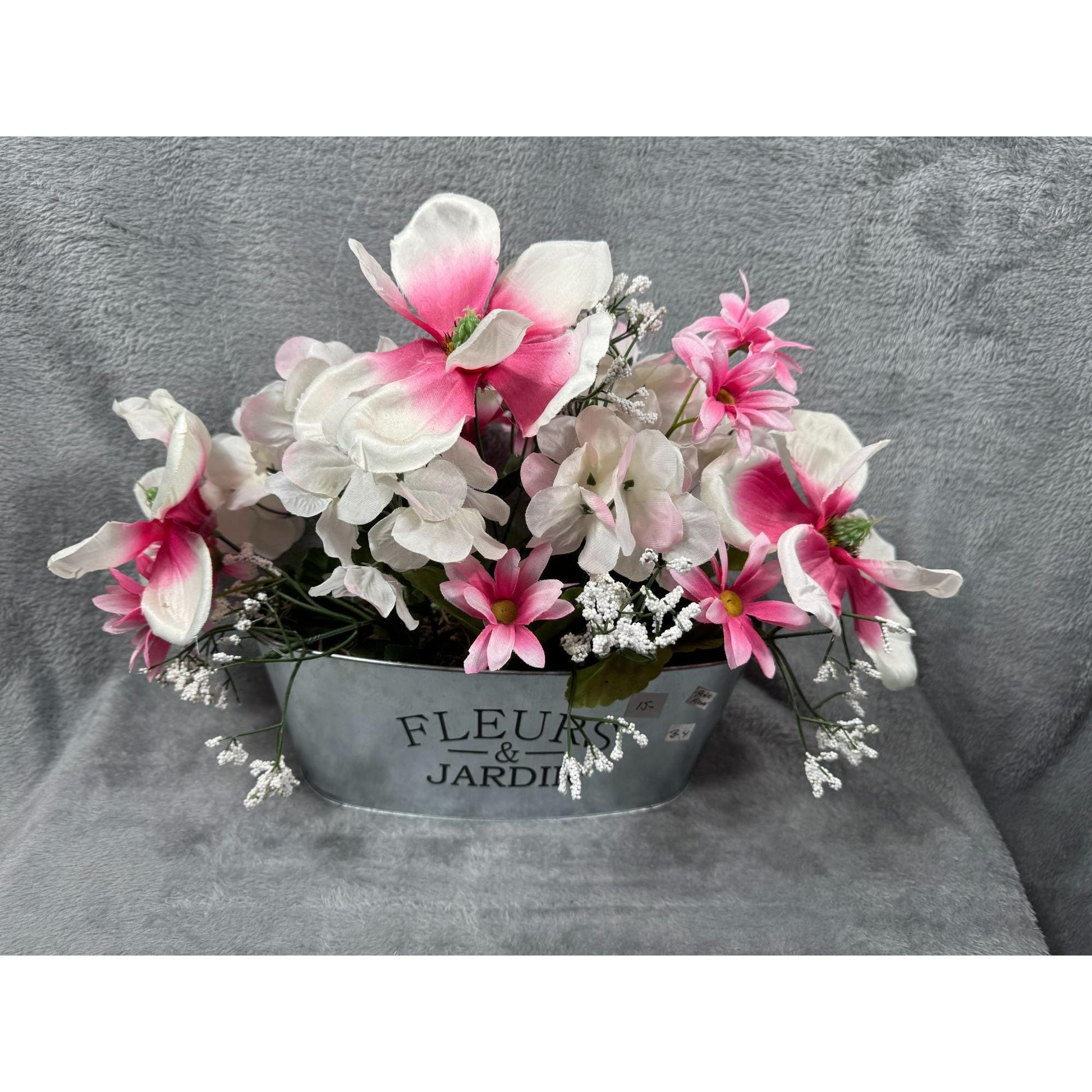 Floral Arrangement Artificial Flower Pink & White In Metal Fleurs Jardin Planter