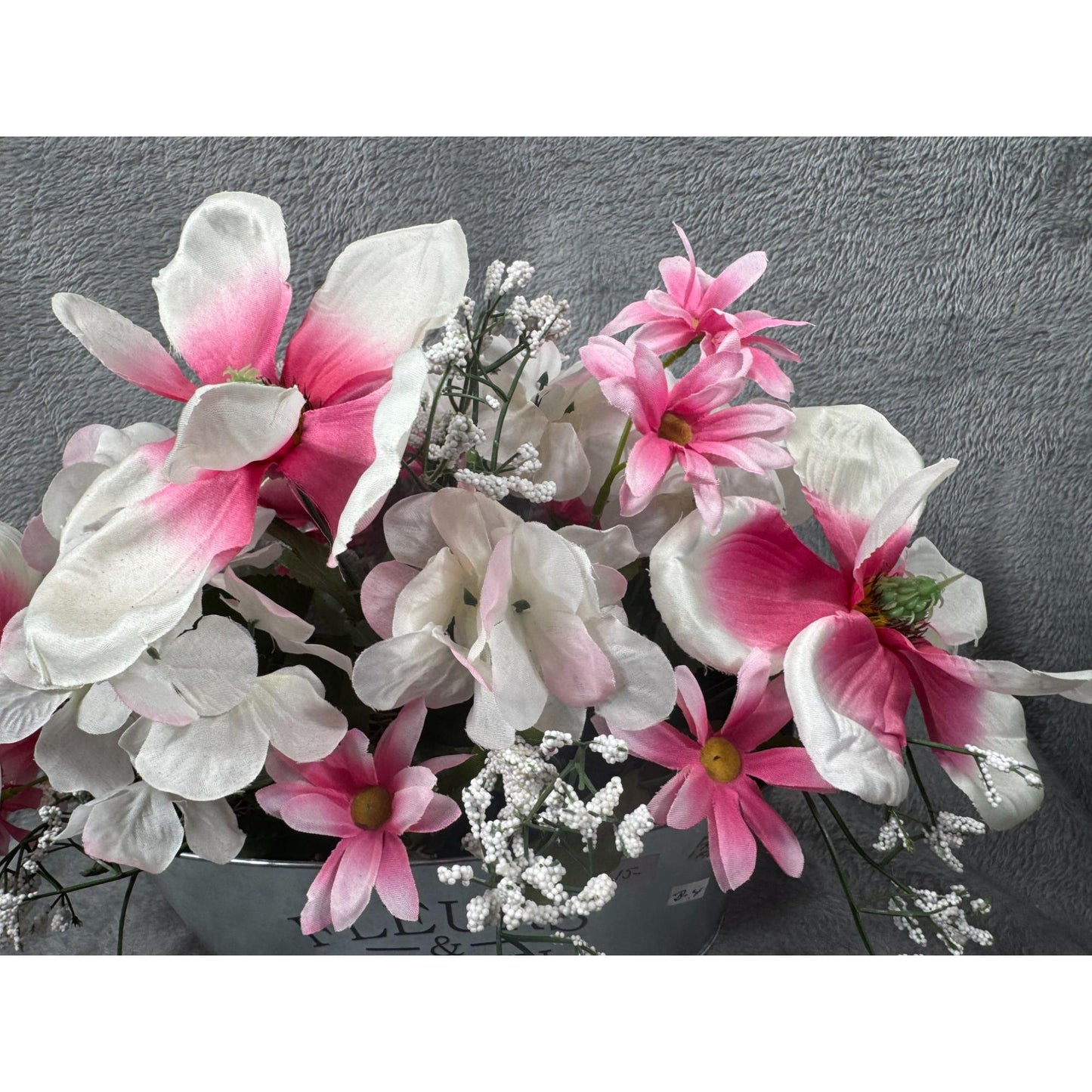 Floral Arrangement Artificial Flower Pink & White In Metal Fleurs Jardin Planter