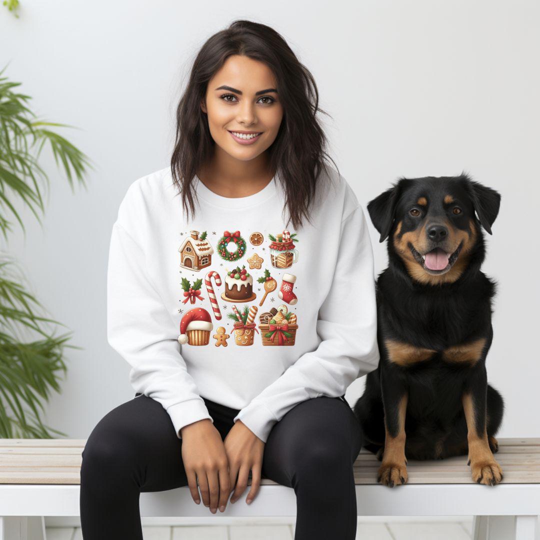 May include: White Christmas sweatshirt with an illustration of various festive treats and decorations, including gingerbread houses, candy canes, wreaths, and gift boxes. The design is in a square format and features a variety of warm colors against a white background. The sweatshirt is a crewneck style with long sleeves and appears to be made of soft, comfortable material.