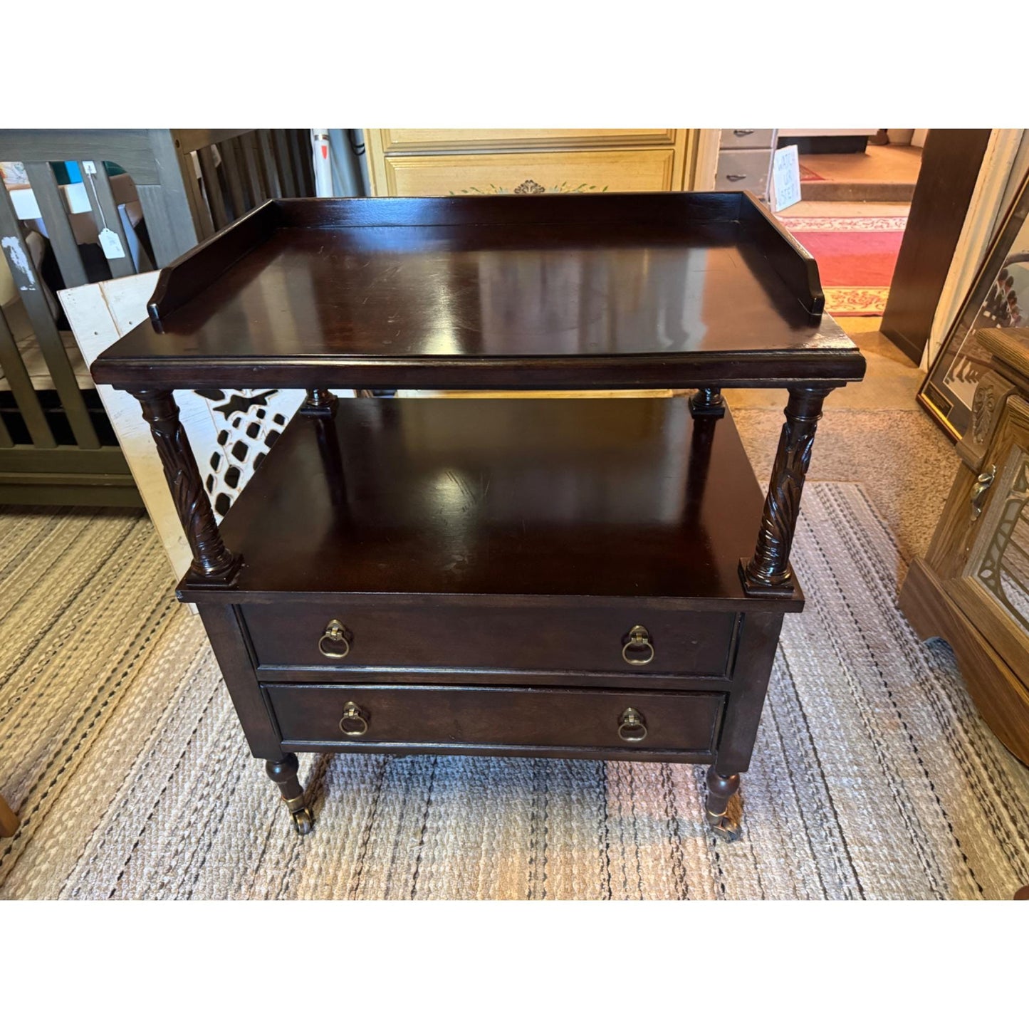 Bernhardt Bar Cart Side Table, Smithsonian Collection Nightstand, Vintage Tea Server Cart, Two Tier Table with Drawers, Brass Caster Wheels
