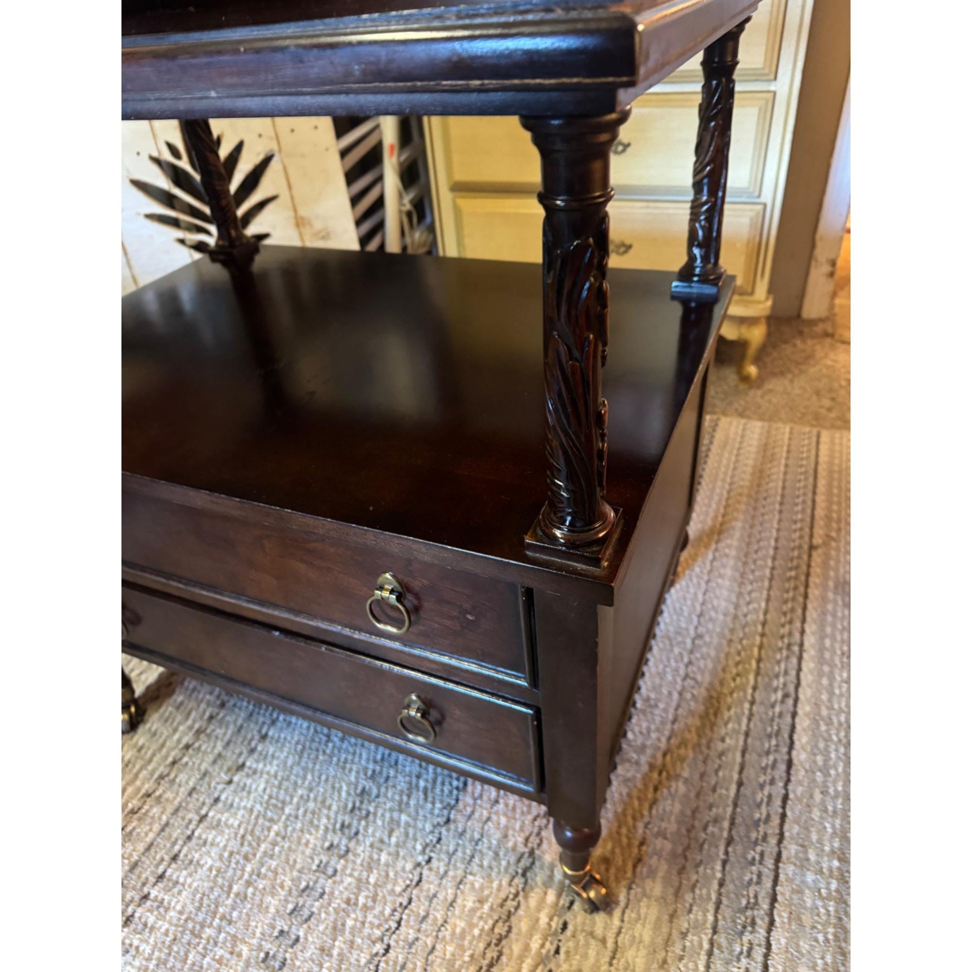 Bernhardt Bar Cart Side Table, Smithsonian Collection Nightstand, Vintage Tea Server Cart, Two Tier Table with Drawers, Brass Caster Wheels
