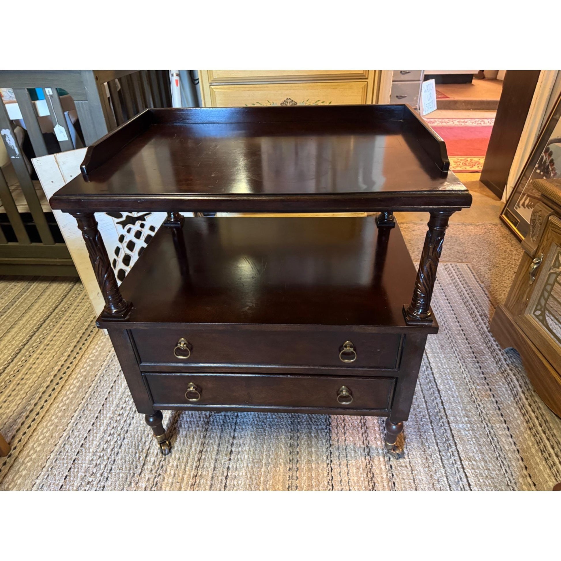 Bernhardt Bar Cart Side Table, Smithsonian Collection Nightstand, Vintage Tea Server Cart, Two Tier Table with Drawers, Brass Caster Wheels