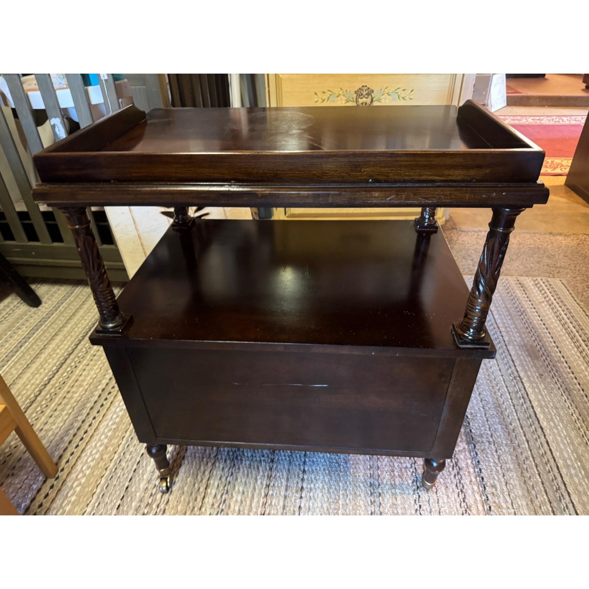 Bernhardt Bar Cart Side Table, Smithsonian Collection Nightstand, Vintage Tea Server Cart, Two Tier Table with Drawers, Brass Caster Wheels