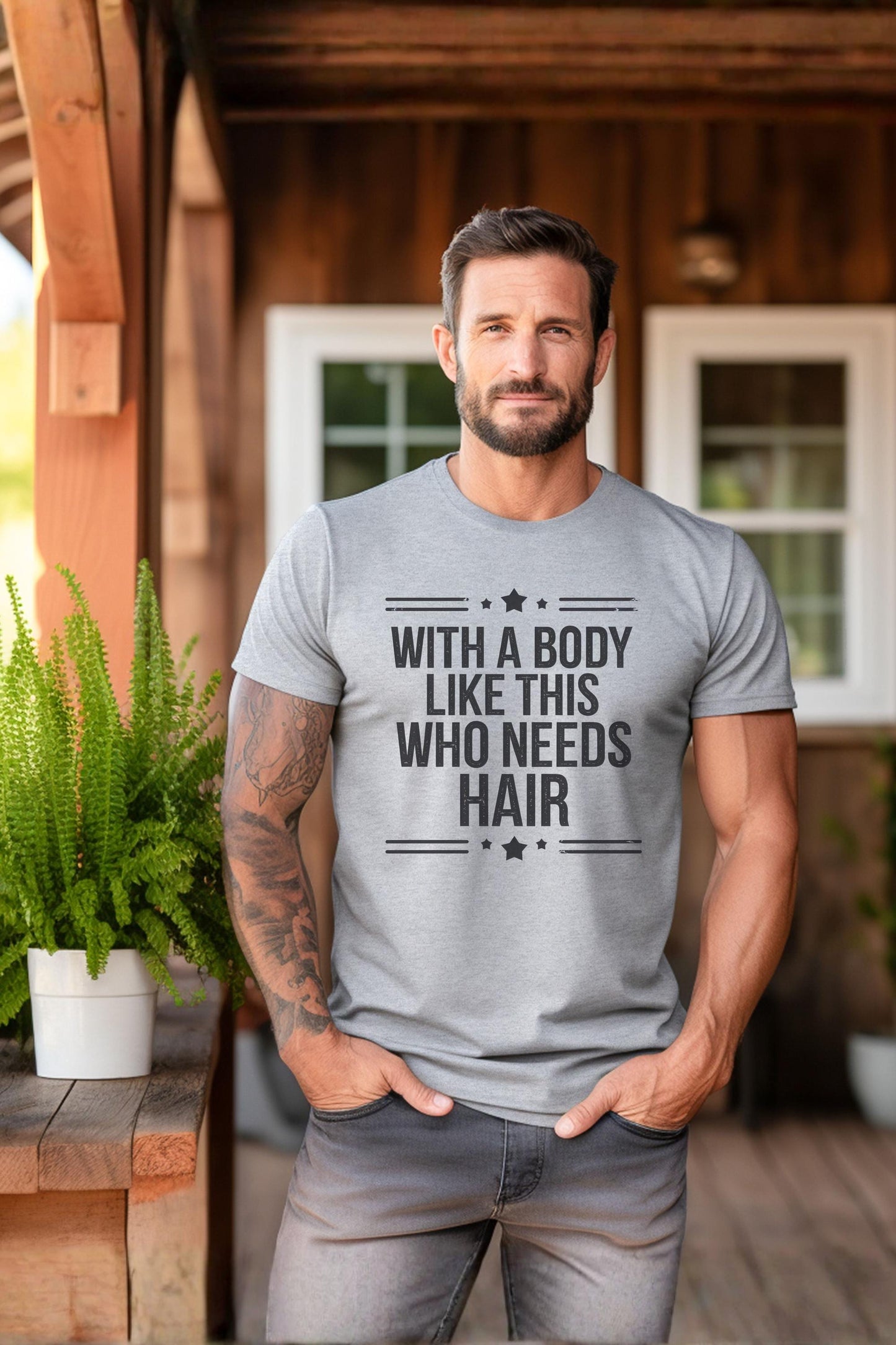 With a Body Like This Who Needs Hair Shirt | Funny Bald Men T Shirt | Confidence Gym Tee | Gift for Bald Guy | Humor Men’s Shirt