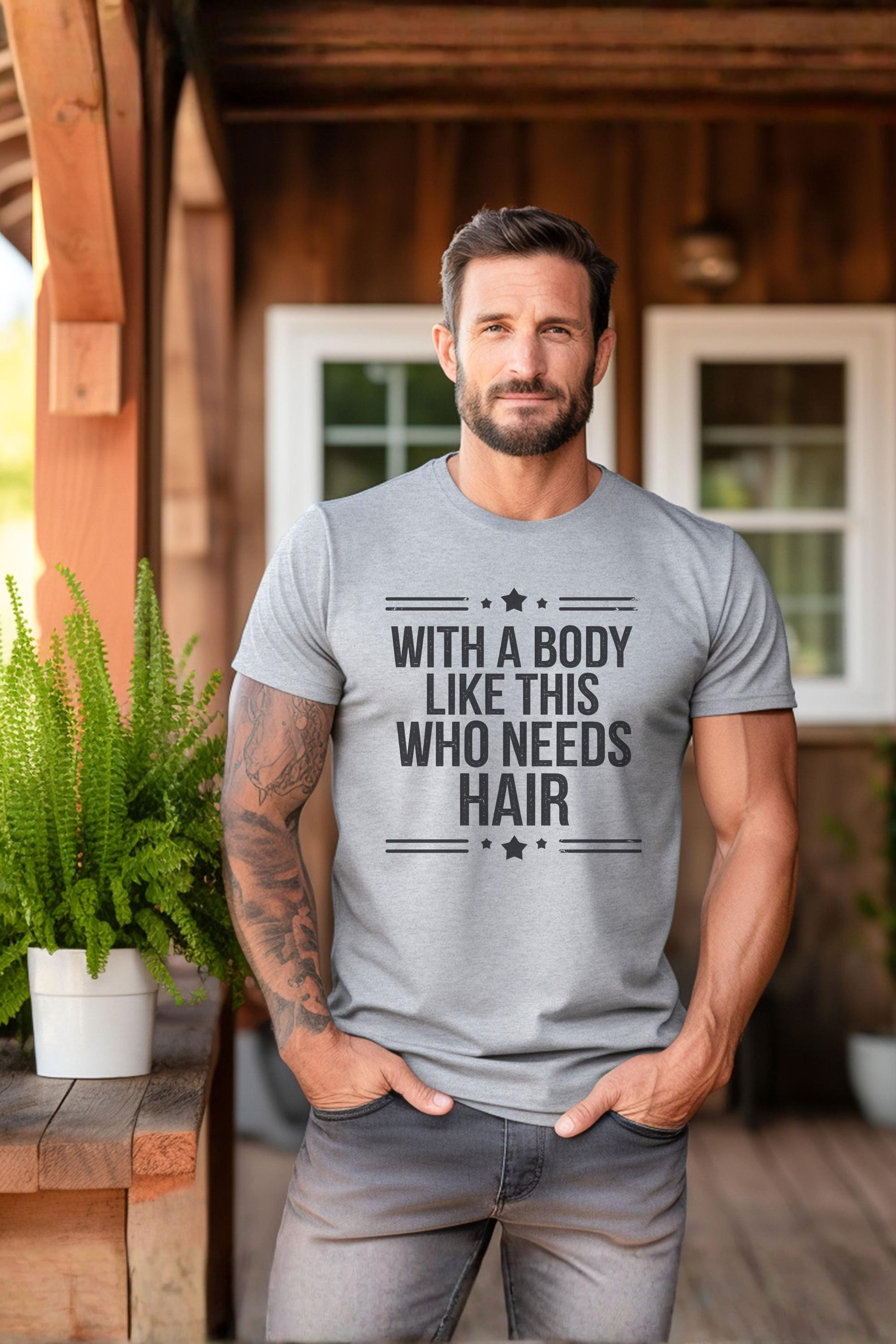 With a Body Like This Who Needs Hair Shirt | Funny Bald Men T Shirt | Confidence Gym Tee | Gift for Bald Guy | Humor Men’s Shirt