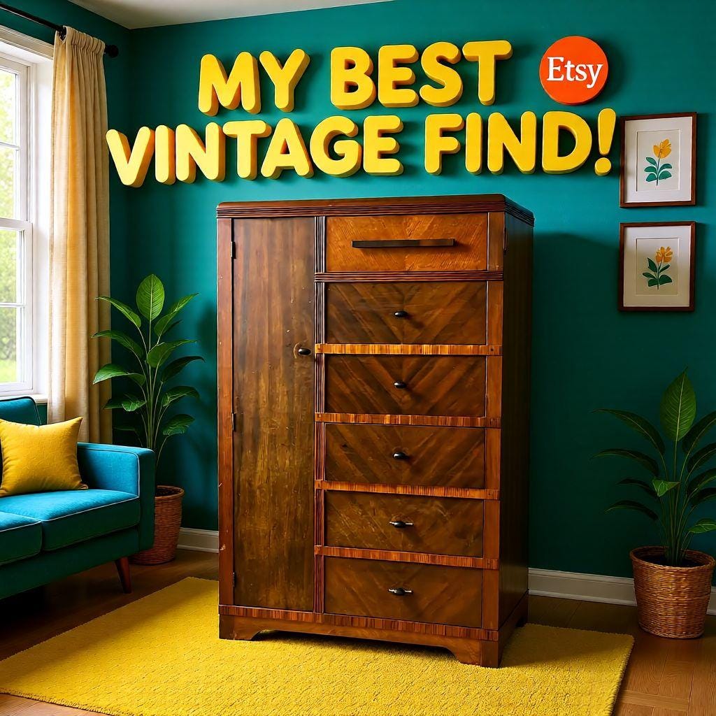 Vintage Waterfall Chifforobe 1930-40's Mid-Century Modern Wooden Dresser With Wardrobe Cabinet & 6 Drawers For Storage