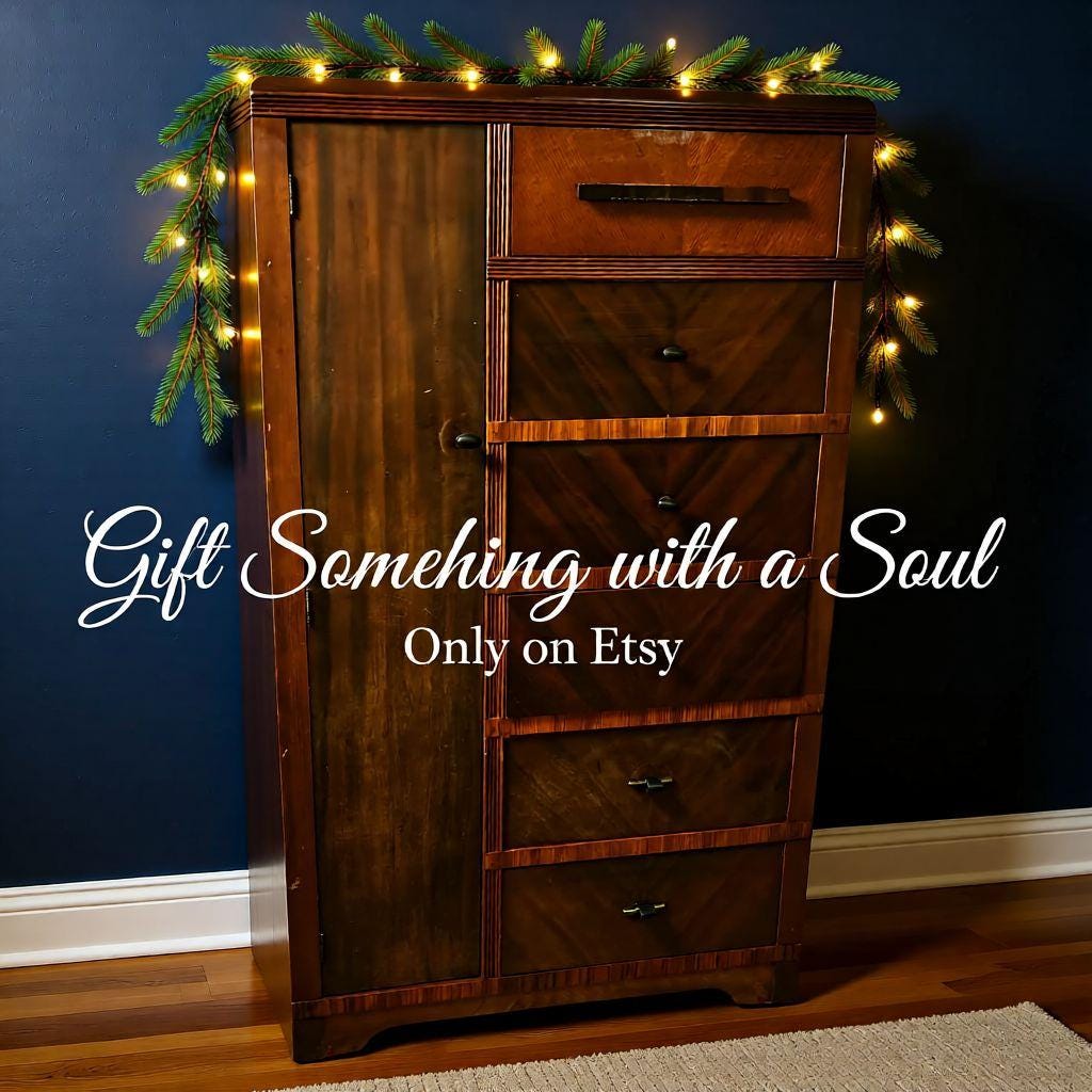 Vintage Waterfall Chifforobe 1930-40's Mid-Century Modern Wooden Dresser With Wardrobe Cabinet & 6 Drawers For Storage