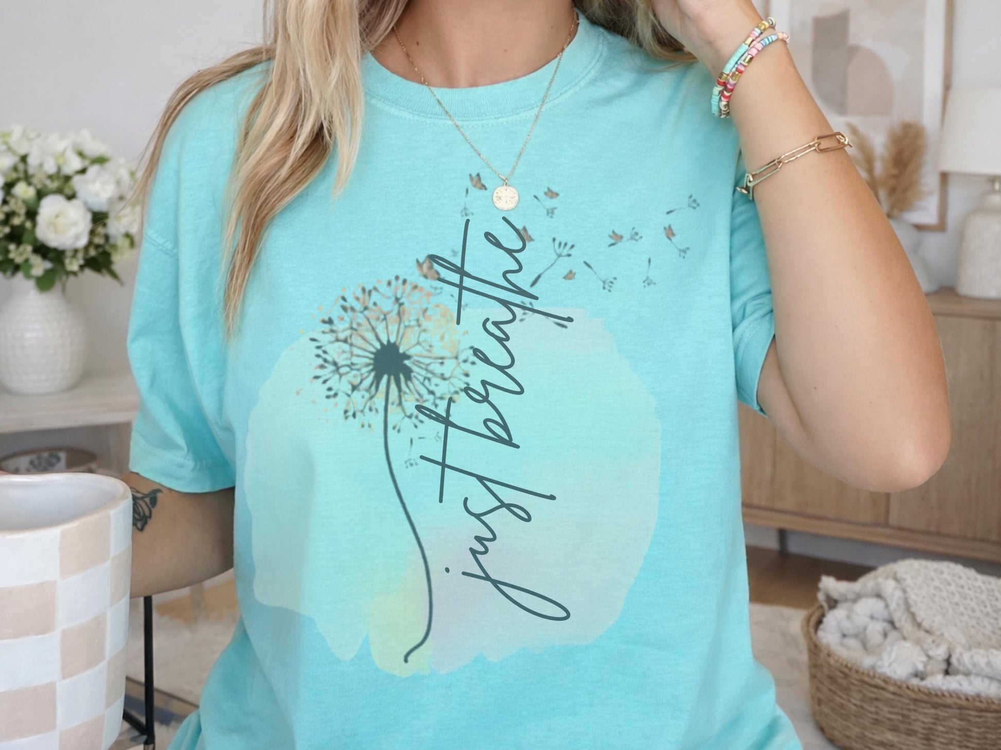 Just Breathe Shirt, Self Care Tee, Inspirational Gift for Women, Motivational T-Shirt, Graphic Tee, Dandelion Print, Relaxation Apparel