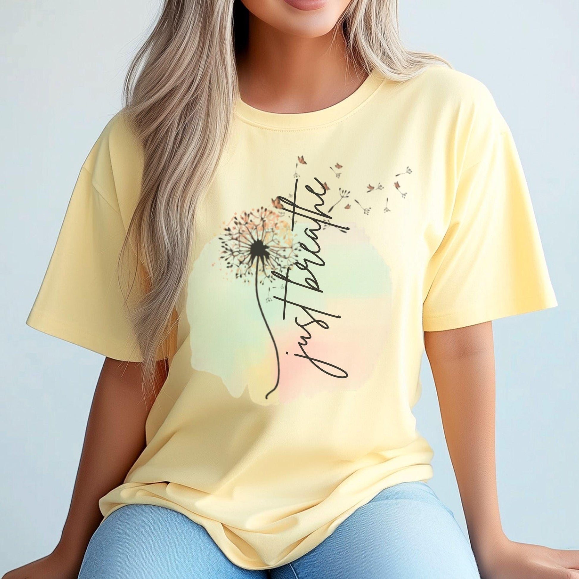 Just Breathe Shirt, Self Care Tee, Inspirational Gift for Women, Motivational T-Shirt, Graphic Tee, Dandelion Print, Relaxation Apparel