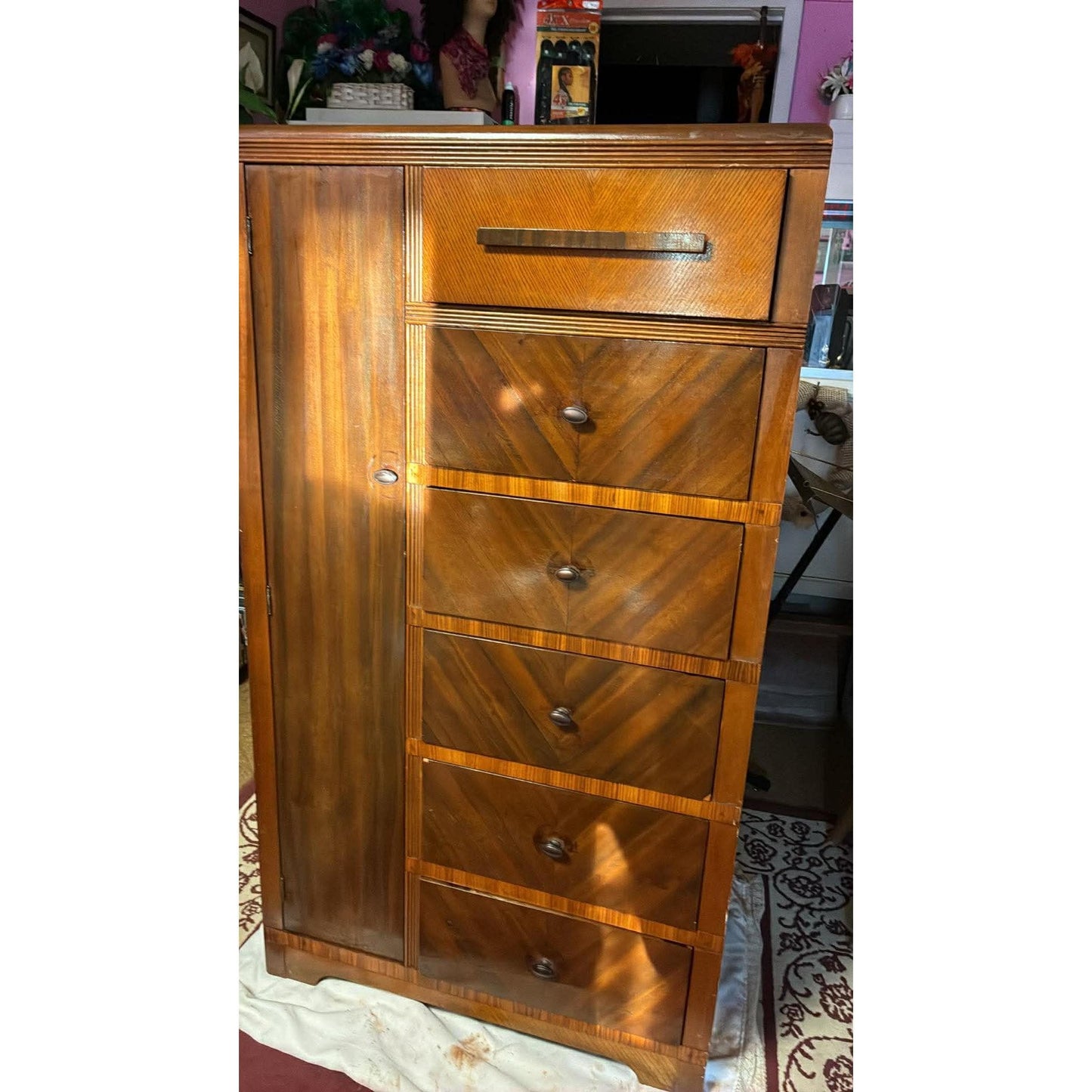 Vintage Waterfall Chifforobe 1930-40's Mid-Century Modern Wooden Dresser With Wardrobe Cabinet & 6 Drawers For Storage