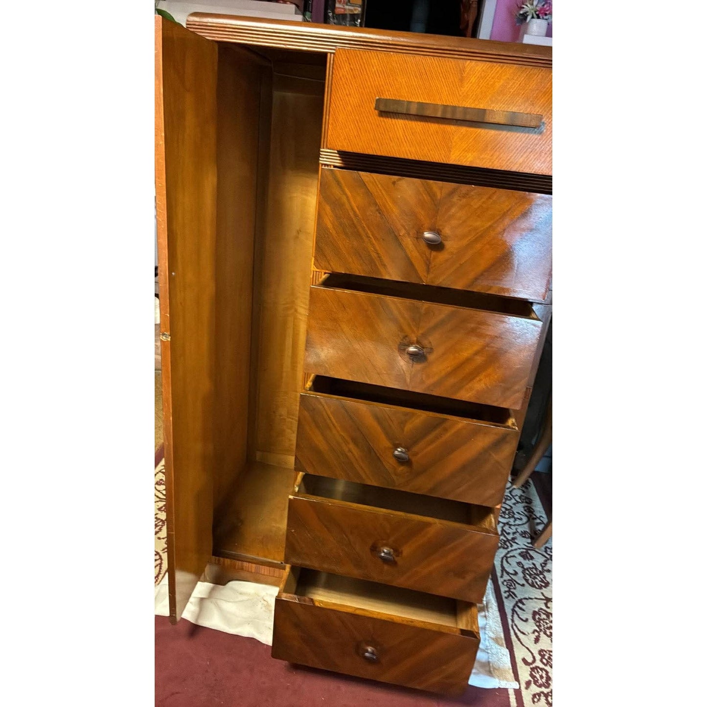 Vintage Waterfall Chifforobe 1930-40's Mid-Century Modern Wooden Dresser With Wardrobe Cabinet & 6 Drawers For Storage