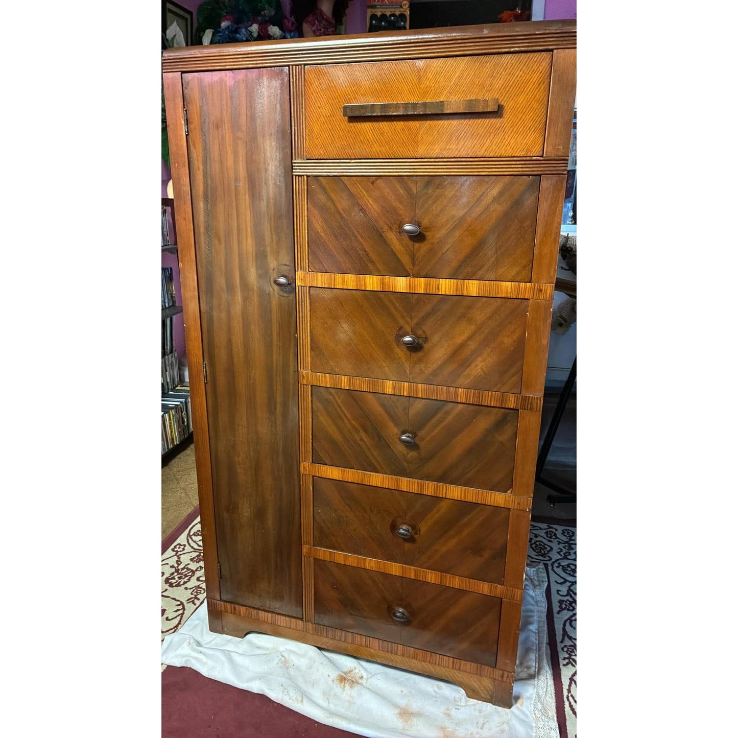 Vintage Waterfall Chifforobe 1930-40's Mid-Century Modern Wooden Dresser With Wardrobe Cabinet & 6 Drawers For Storage