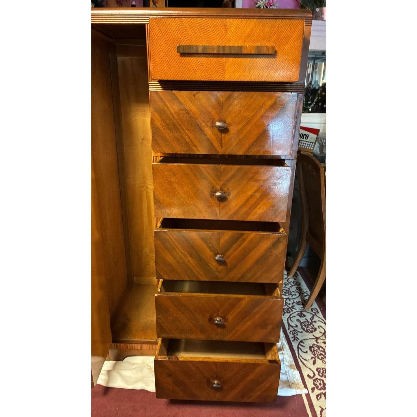 Vintage Waterfall Chifforobe 1930-40's Mid-Century Modern Wooden Dresser With Wardrobe Cabinet & 6 Drawers For Storage