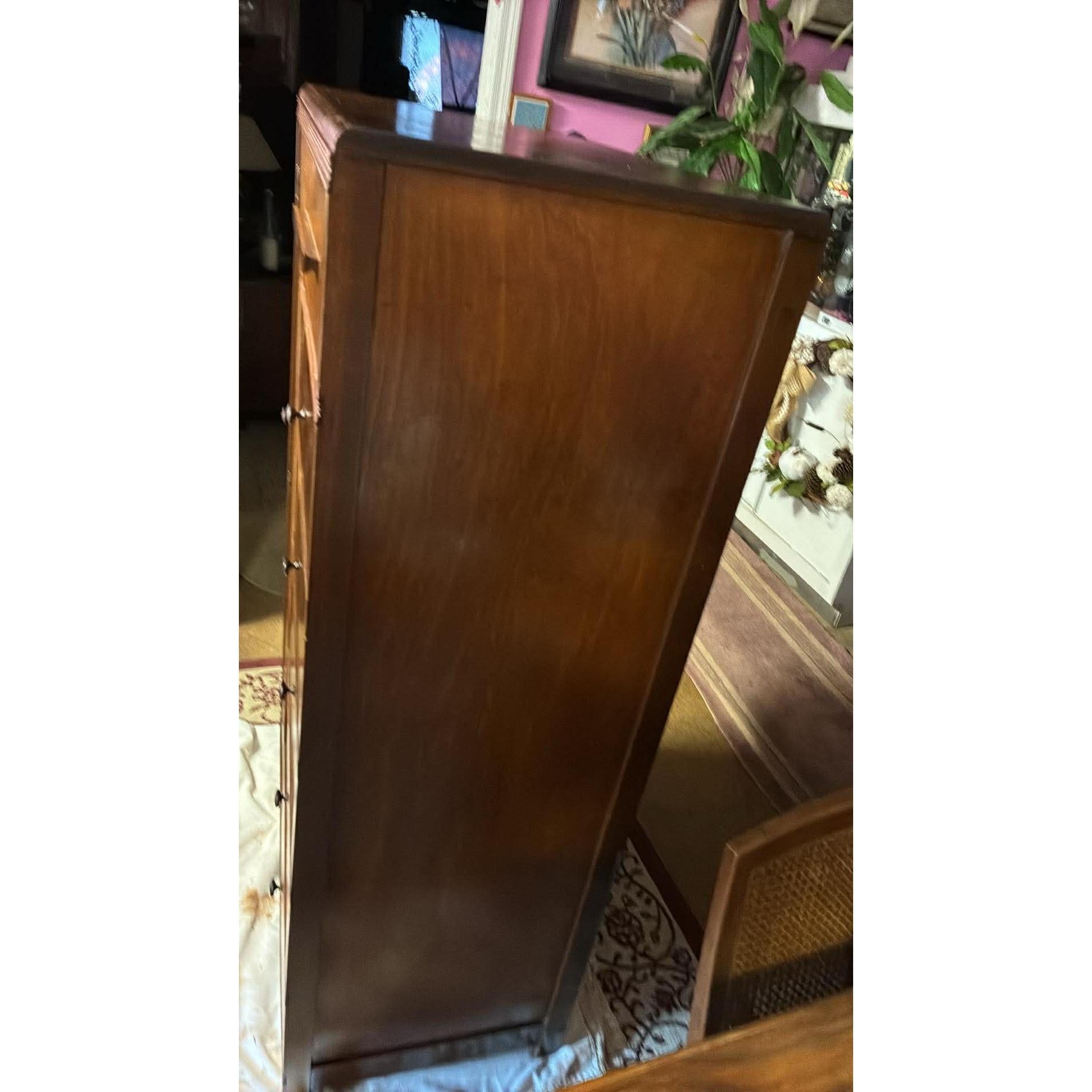 Vintage Waterfall Chifforobe 1930-40's Mid-Century Modern Wooden Dresser With Wardrobe Cabinet & 6 Drawers For Storage