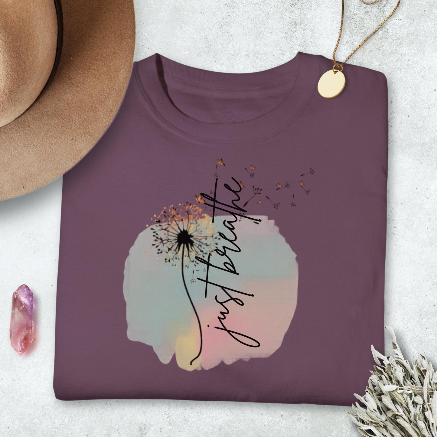 Just Breathe Shirt, Self Care Tee, Inspirational Gift for Women, Motivational T-Shirt, Graphic Tee, Dandelion Print, Relaxation Apparel
