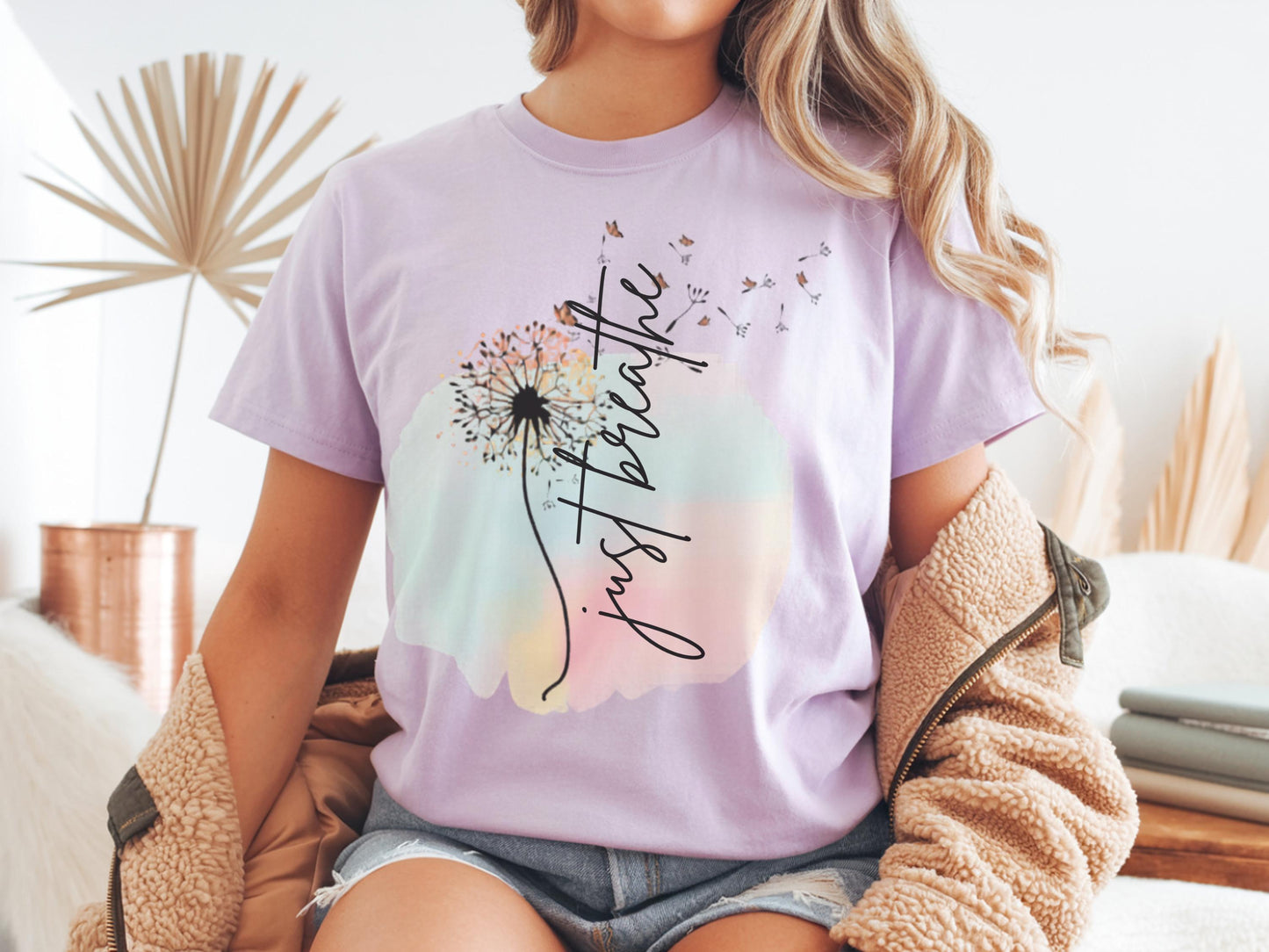 Just Breathe Shirt, Self Care Tee, Inspirational Gift for Women, Motivational T-Shirt, Graphic Tee, Dandelion Print, Relaxation Apparel