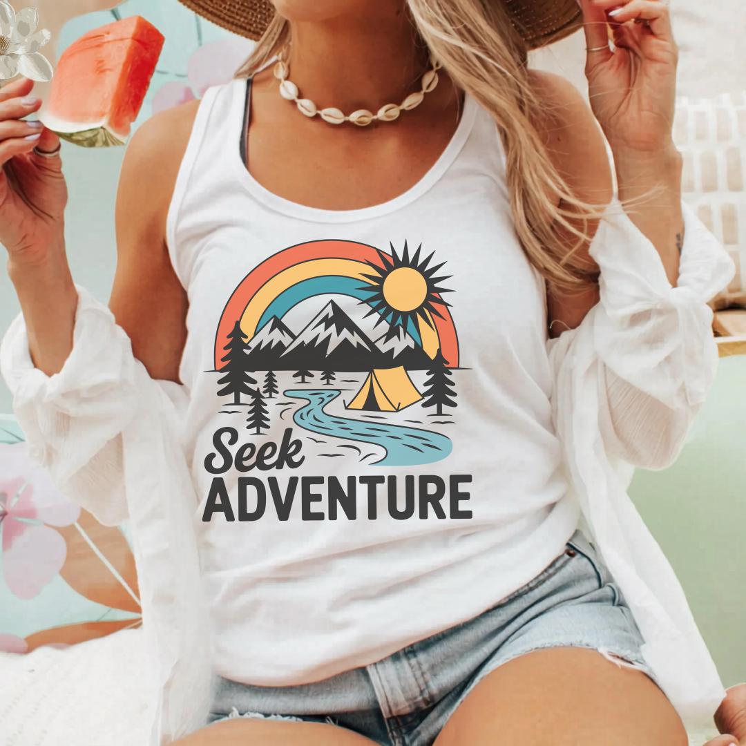 Camping Tank Top, Seek Adventure Shirt, Hiking Gift, Women’s Sleeveless Tee, T-Shirt or Sweatshirt Option, Camping Mug, Tote Bag