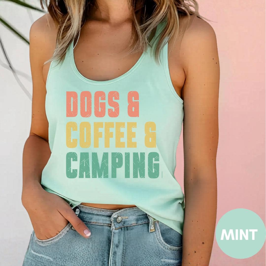 Dogs Coffee Camping Shirt – Dog Lover Camper Tee, Funny Camping & Coffee T-Shirt, Adventure Vacation Shirt, Camping Birthday Gift
