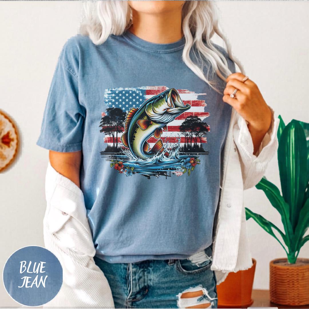 American Flag Bass Fish T-Shirt, Patriotic Angler Graphic Tee, 4th July Fishing Shirt
