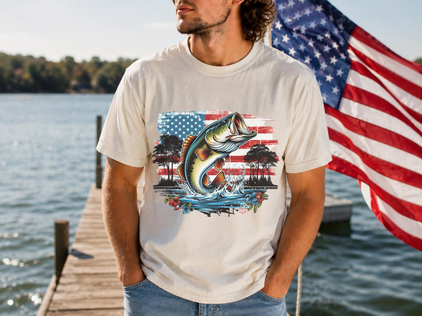 American Flag Bass Fish T-Shirt, Patriotic Angler Graphic Tee, 4th July Fishing Shirt