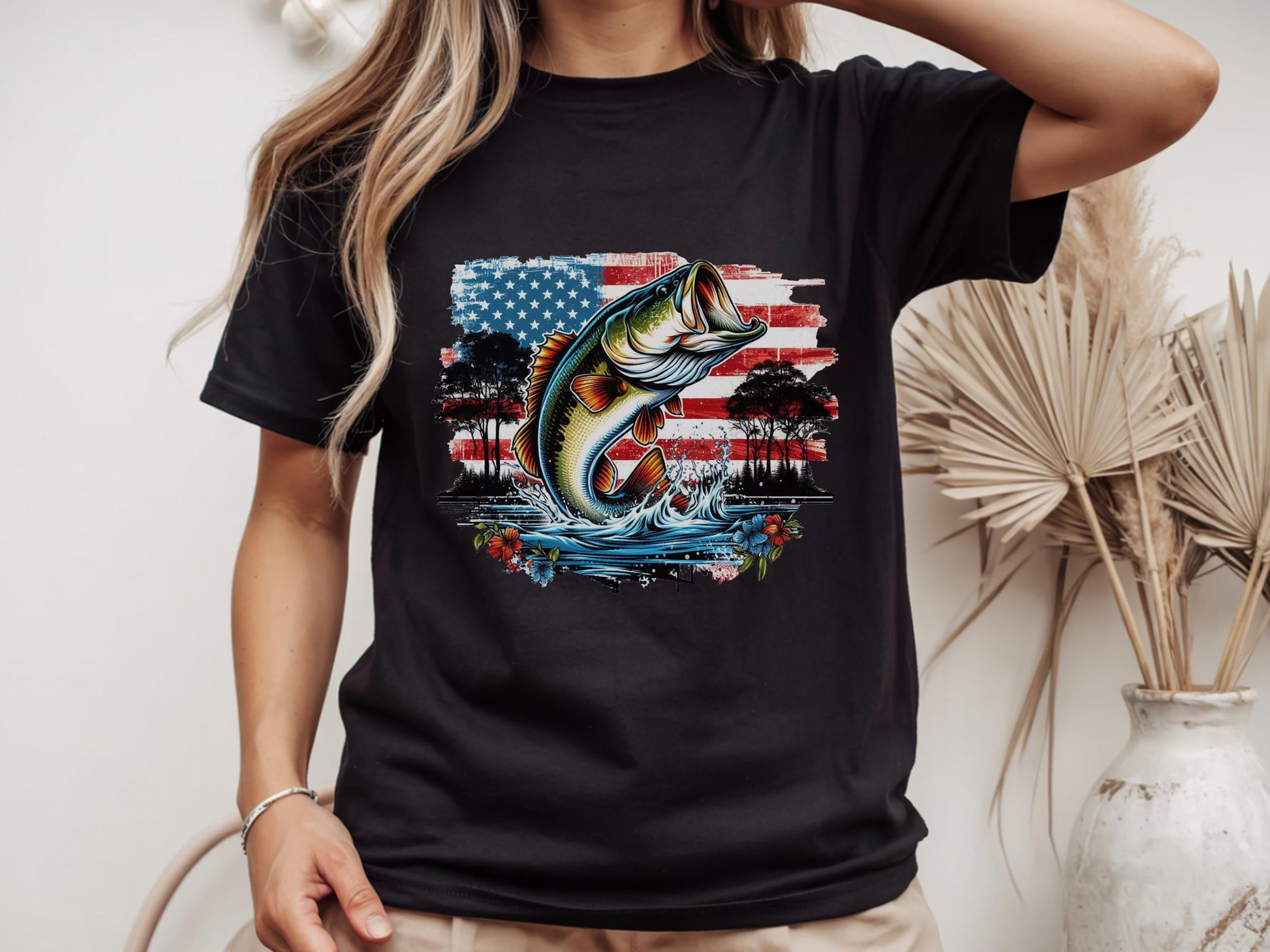 American Flag Bass Fish T-Shirt, Patriotic Angler Graphic Tee, 4th July Fishing Shirt