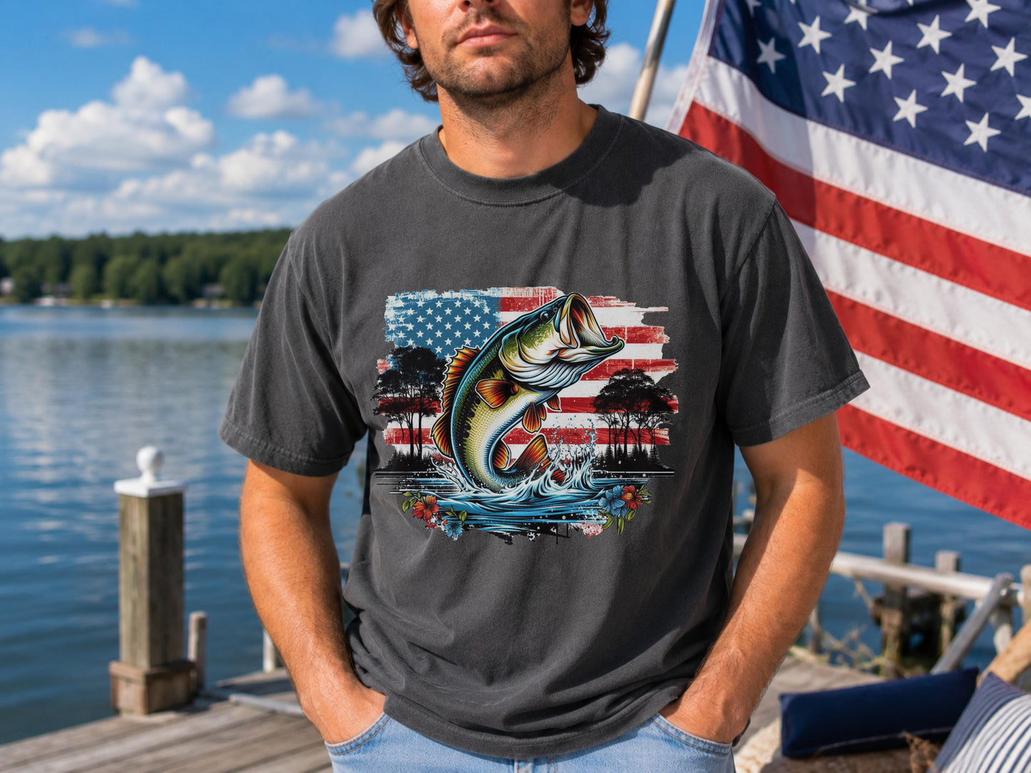 American Flag Bass Fish T-Shirt, Patriotic Angler Graphic Tee, 4th July Fishing Shirt