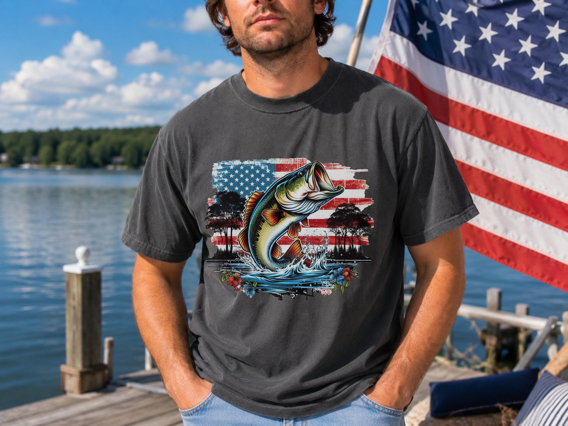 American Flag Bass Fish T-Shirt, Patriotic Angler Graphic Tee, 4th July Fishing Shirt