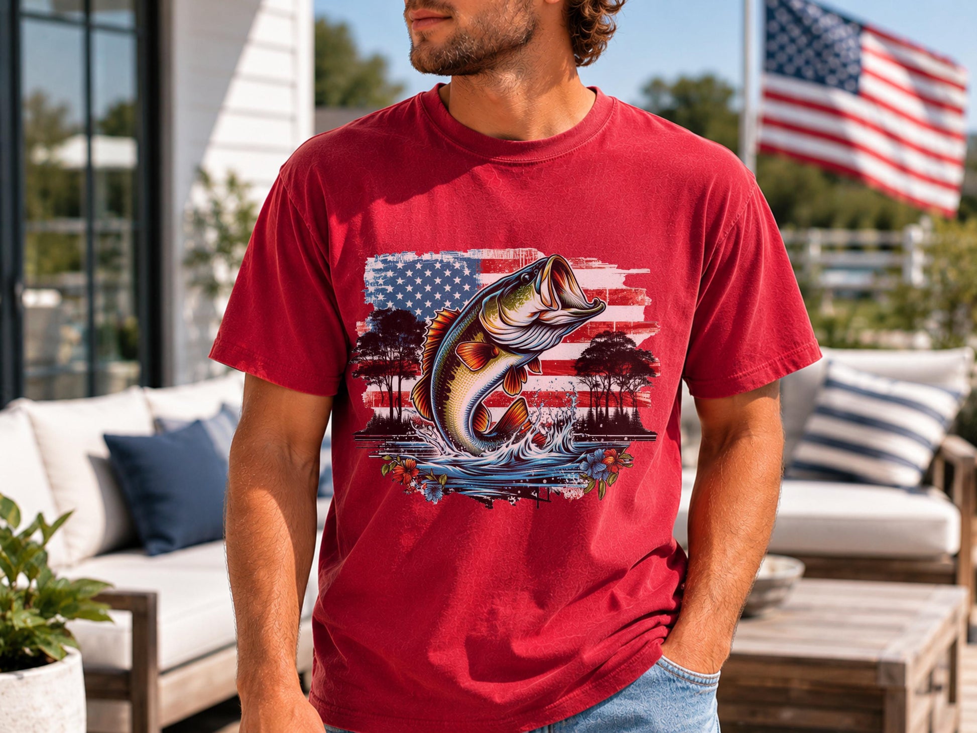 American Flag Bass Fish T-Shirt, Patriotic Angler Graphic Tee, 4th July Fishing Shirt