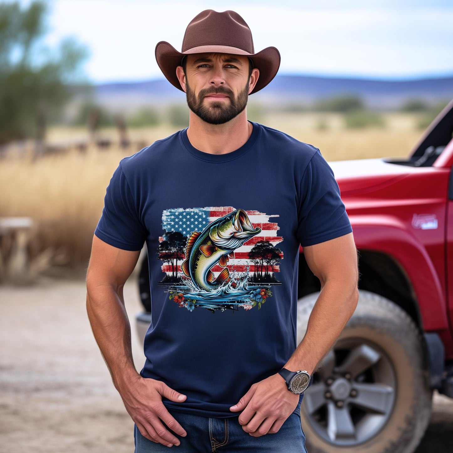 American Flag Bass Fish T-Shirt, Patriotic Angler Graphic Tee, 4th July Fishing Shirt