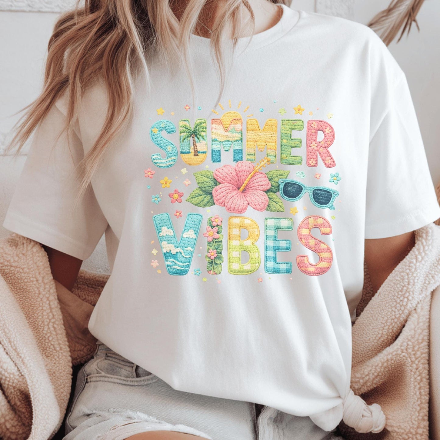 Summer Vibes T-Shirt, Fun Graphic Tee, Beach Holiday Shirt, Bright Colorful Design, For Women, Cute Casual Outfit, Vacation Style, Size S-XL