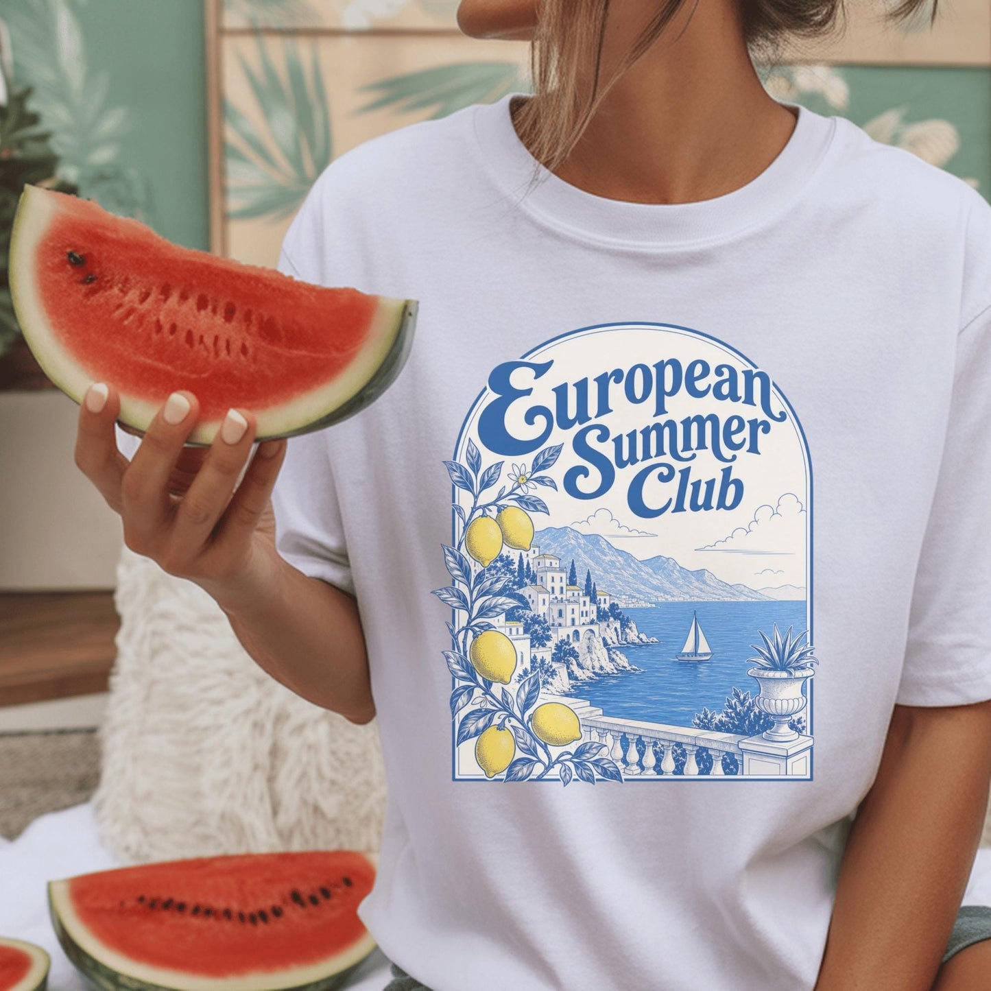 European Summer Club T-Shirt, Coastal Lemon Graphic Tee, Beach Holiday Shirt