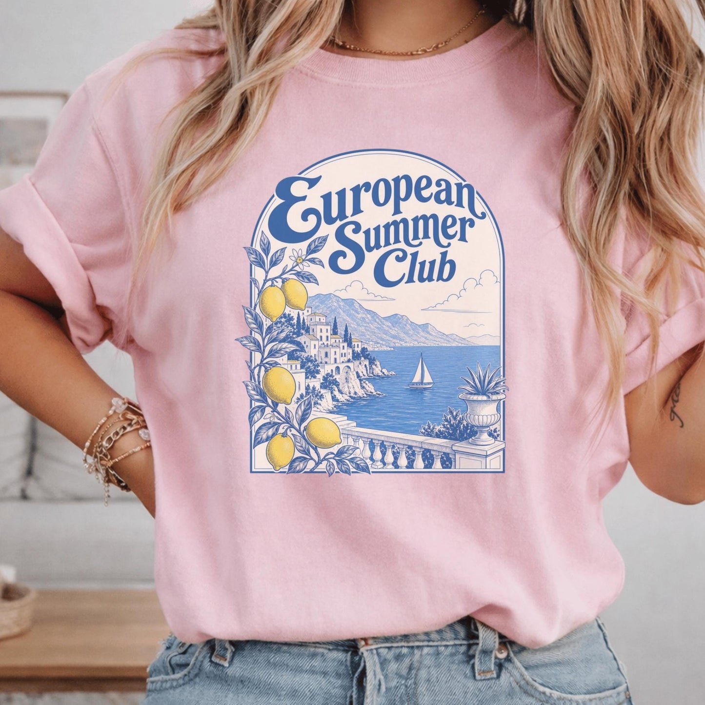European Summer Club T-Shirt, Coastal Lemon Graphic Tee, Beach Holiday Shirt
