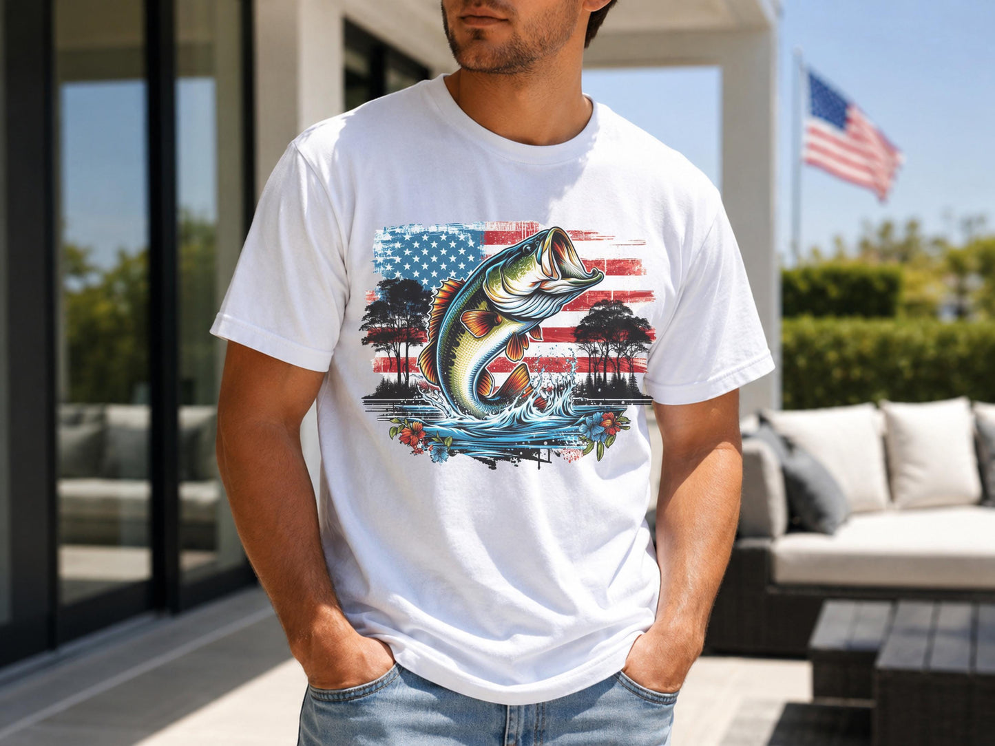 American Flag Bass Fish T-Shirt, Patriotic Angler Graphic Tee, 4th July Fishing Shirt
