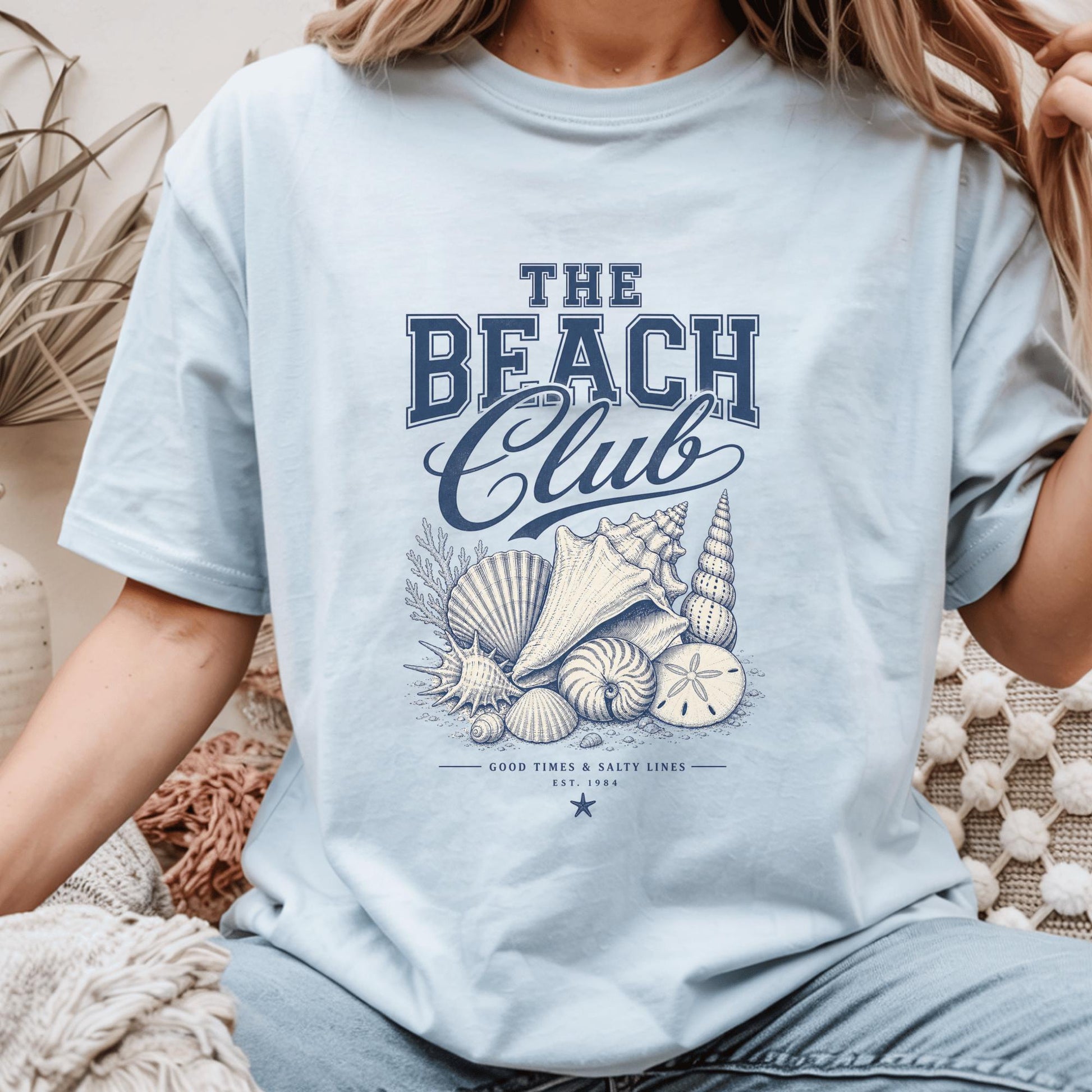 Beach Club T-Shirt, Nautical Design Tee, Coastal Beach Shells Graphic, Seaside Surf Shirt, Summer Vacation Clothing, Holiday Gift