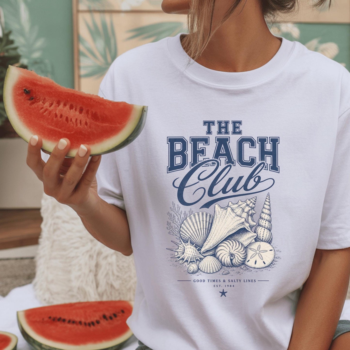 Beach Club T-Shirt, Nautical Design Tee, Coastal Beach Shells Graphic, Seaside Surf Shirt, Summer Vacation Clothing, Holiday Gift