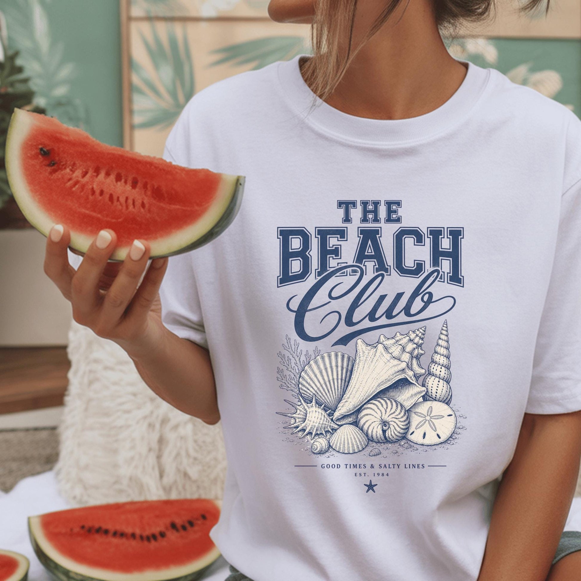 Beach Club T-Shirt, Nautical Design Tee, Coastal Beach Shells Graphic, Seaside Surf Shirt, Summer Vacation Clothing, Holiday Gift