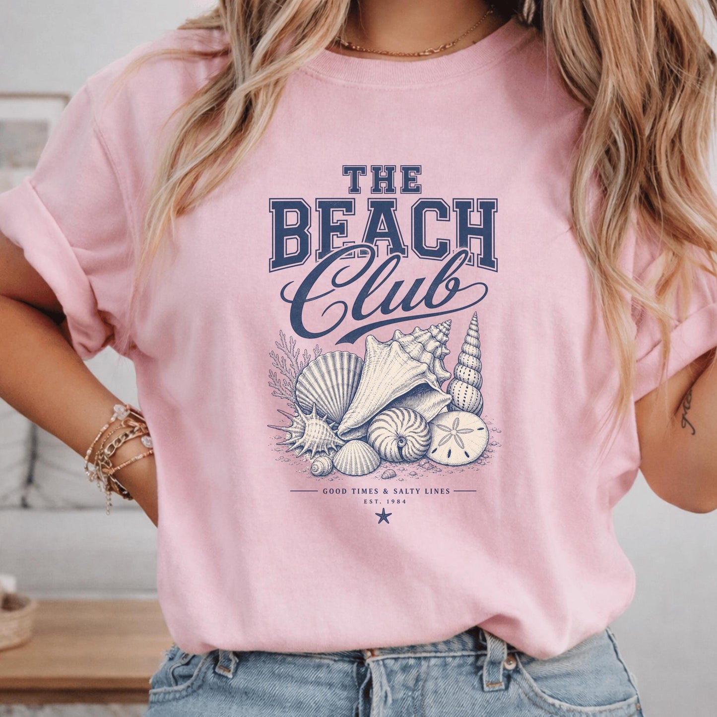Beach Club T-Shirt, Nautical Design Tee, Coastal Beach Shells Graphic, Seaside Surf Shirt, Summer Vacation Clothing, Holiday Gift