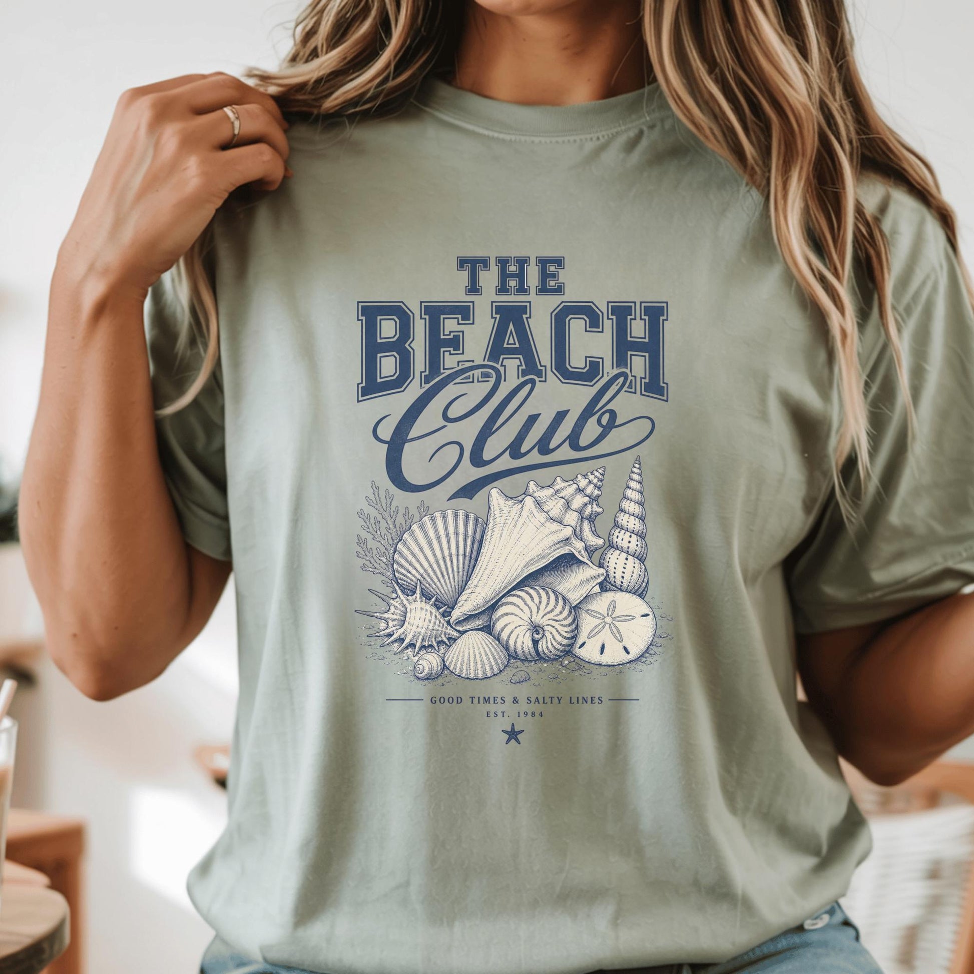 Beach Club T-Shirt, Nautical Design Tee, Coastal Beach Shells Graphic, Seaside Surf Shirt, Summer Vacation Clothing, Holiday Gift
