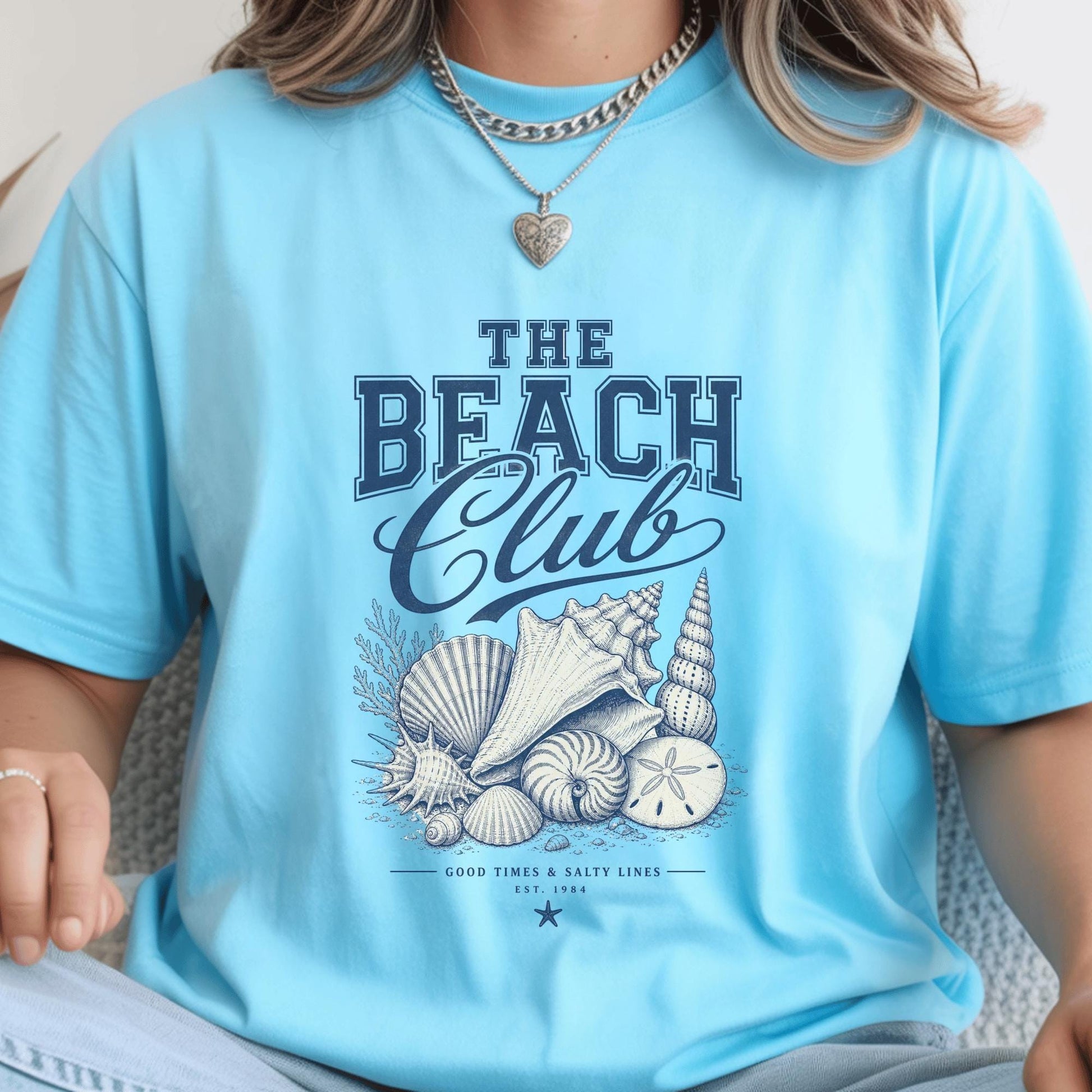 Beach Club T-Shirt, Nautical Design Tee, Coastal Beach Shells Graphic, Seaside Surf Shirt, Summer Vacation Clothing, Holiday Gift