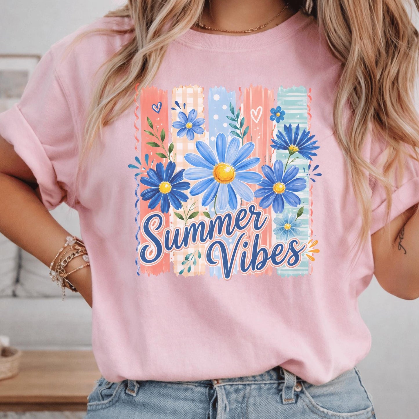 Summer Vibes T-Shirt, Floral Graphic Tee, Customizable Cotton Top, Relaxed Fit, Perfect Summer Outfit, Gift for Her, Trendy Fashion