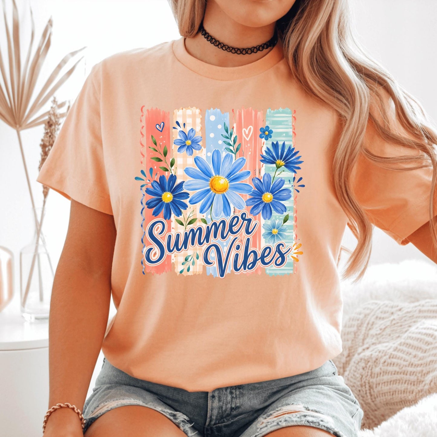 Summer Vibes T-Shirt, Floral Graphic Tee, Customizable Cotton Top, Relaxed Fit, Perfect Summer Outfit, Gift for Her, Trendy Fashion