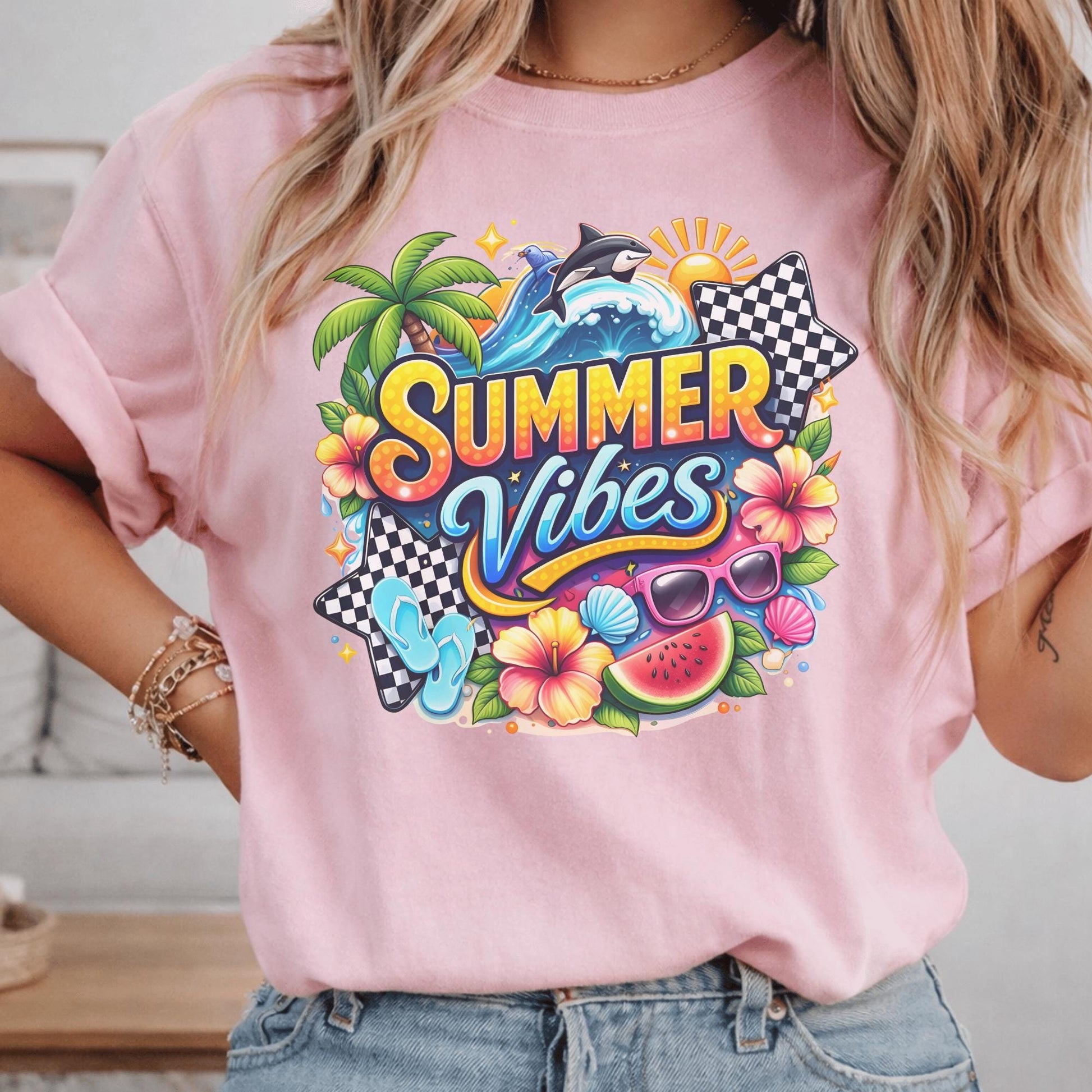 Summer Vibes Shirt, Beach Graphic Tee, Vibrant Summer T-Shirt, Colorful Holiday Wear, Casual Tropical Top, Seasonal Fun Apparel