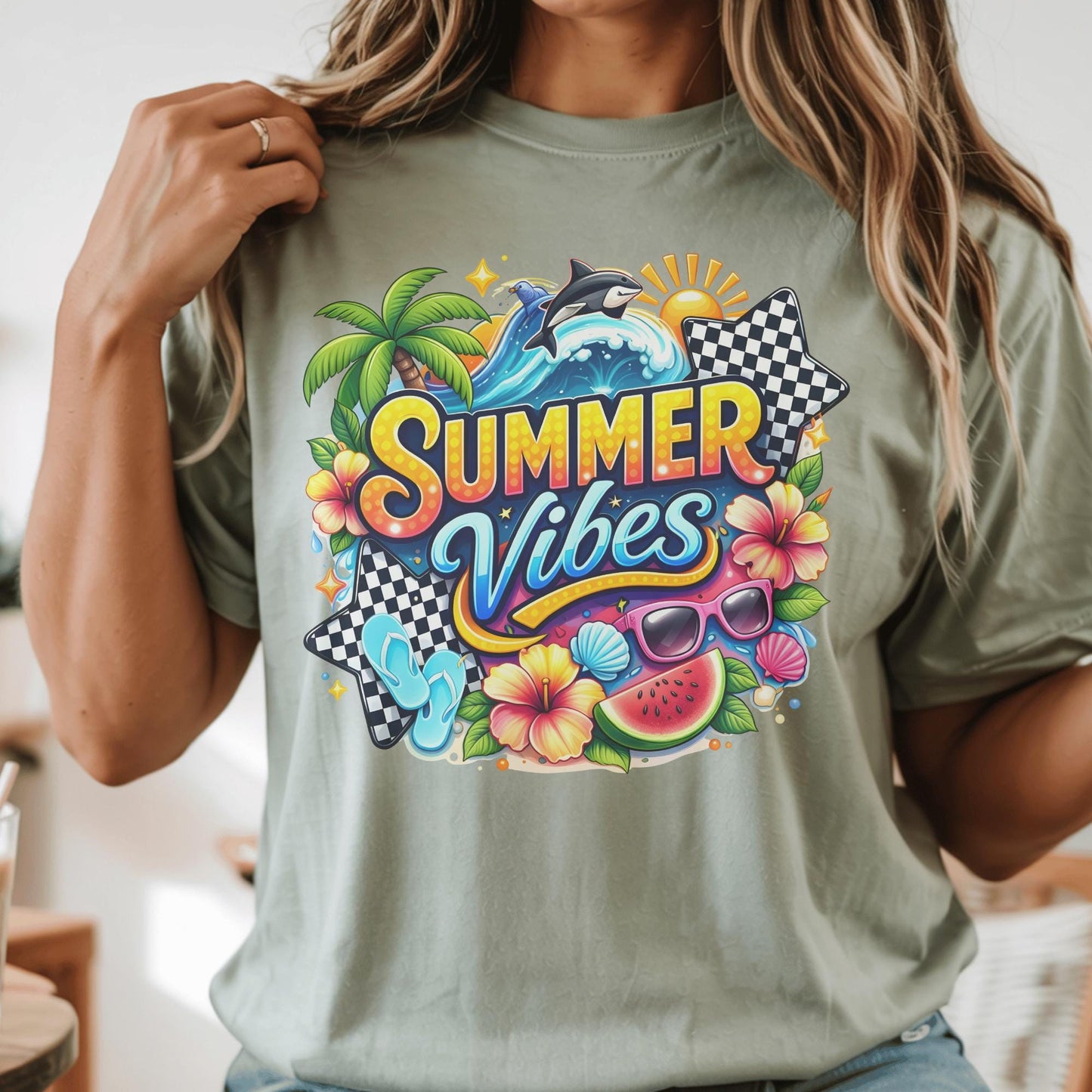 Summer Vibes Shirt, Beach Graphic Tee, Vibrant Summer T-Shirt, Colorful Holiday Wear, Casual Tropical Top, Seasonal Fun Apparel