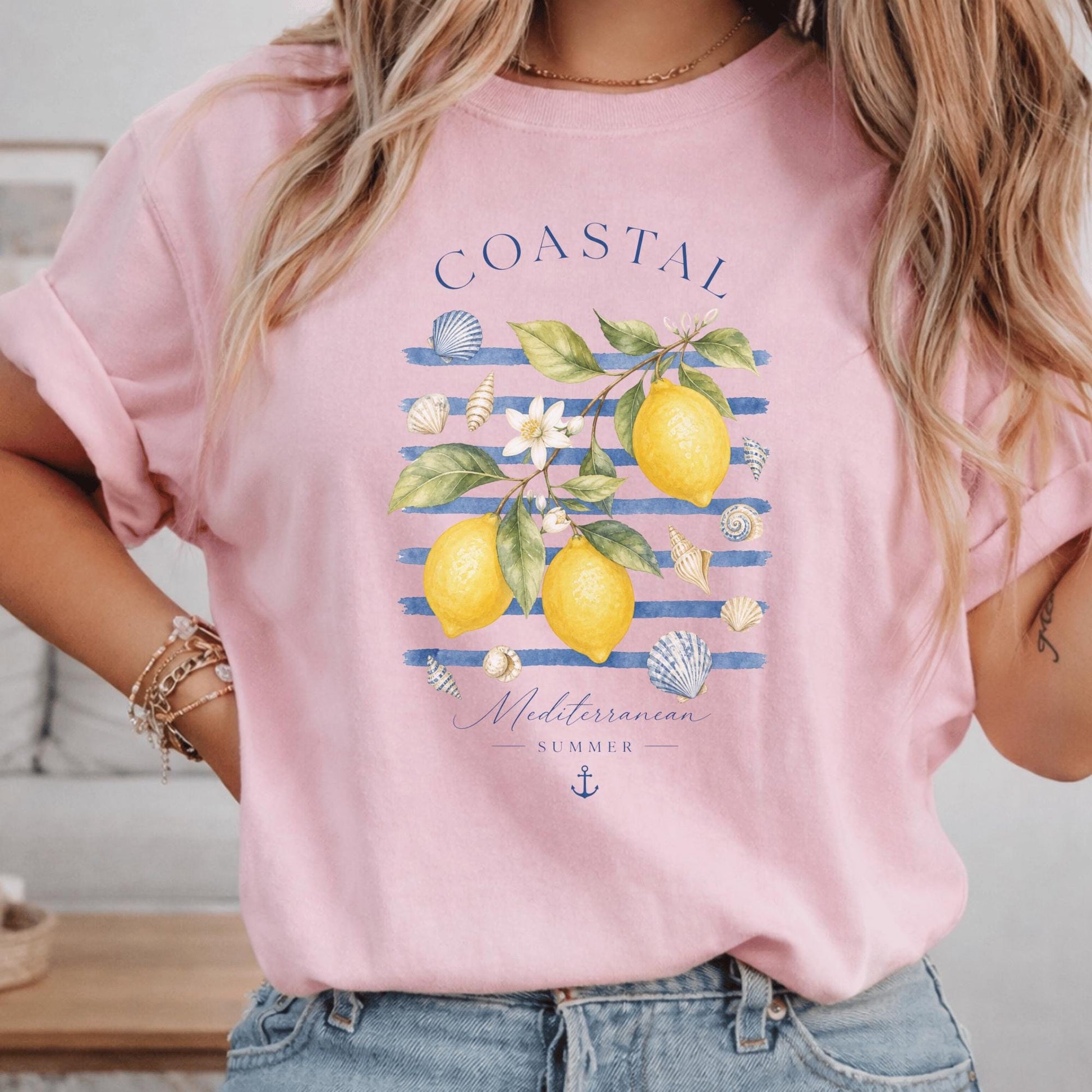 Coastal Lemon Watercolor Tee, Mediterranean Summer Beach Shirt, Nautical Stripes