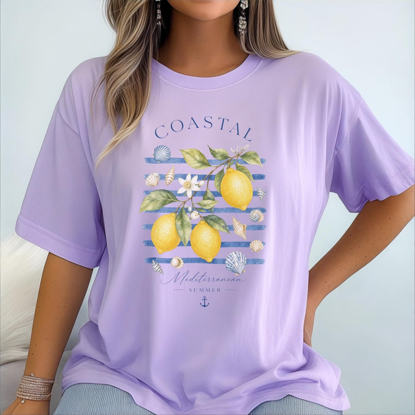 Coastal Lemon Watercolor Tee, Mediterranean Summer Beach Shirt, Nautical Stripes