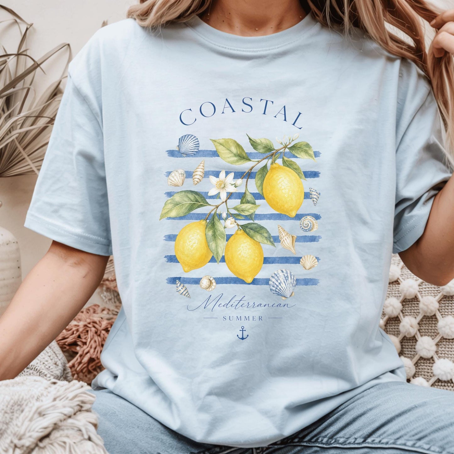 Coastal Lemon Watercolor Tee, Mediterranean Summer Beach Shirt, Nautical Stripes