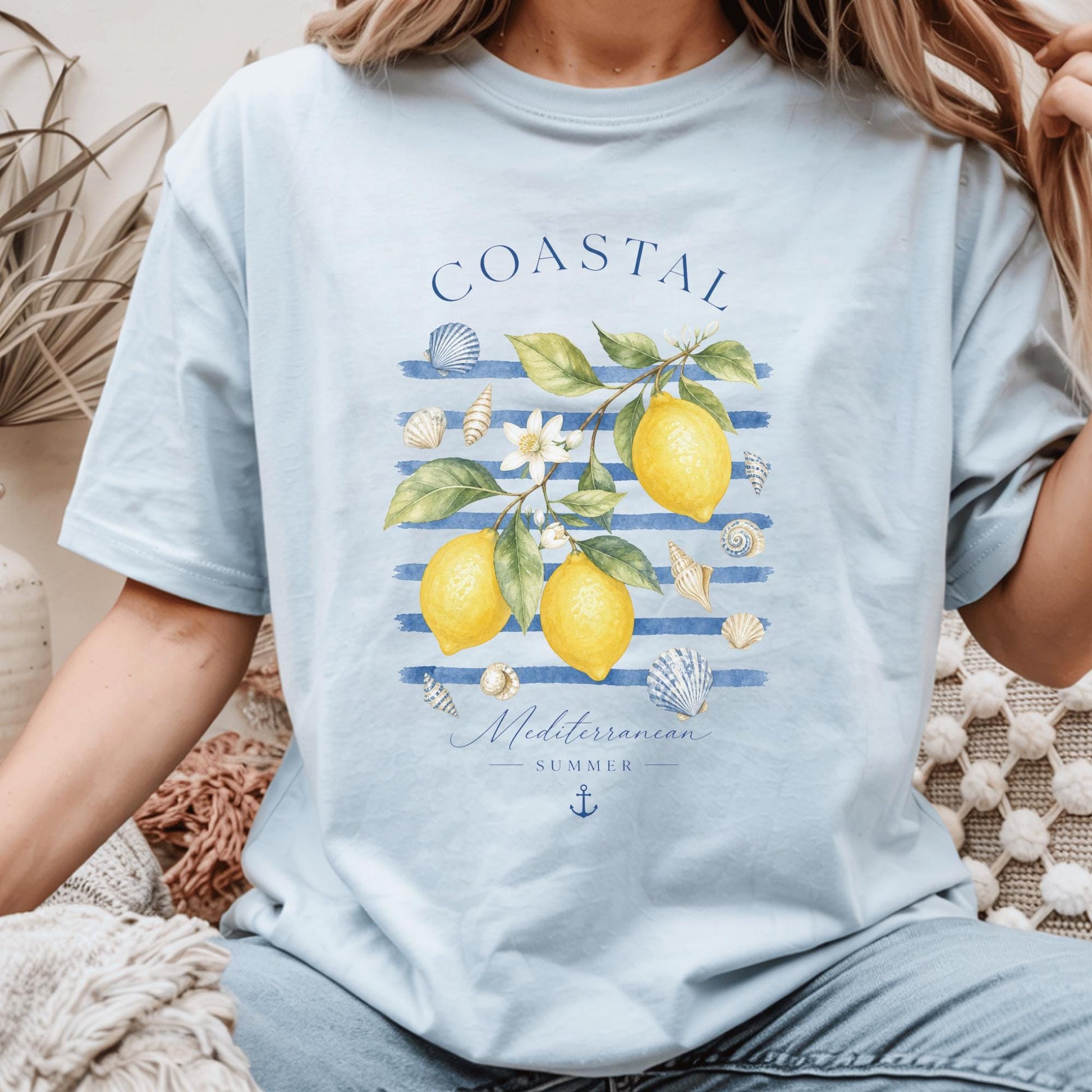 Coastal Lemon Watercolor Tee, Mediterranean Summer Beach Shirt, Nautical Stripes