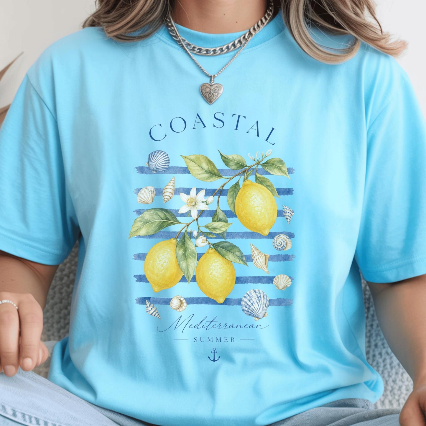 Coastal Lemon Watercolor Tee, Mediterranean Summer Beach Shirt, Nautical Stripes
