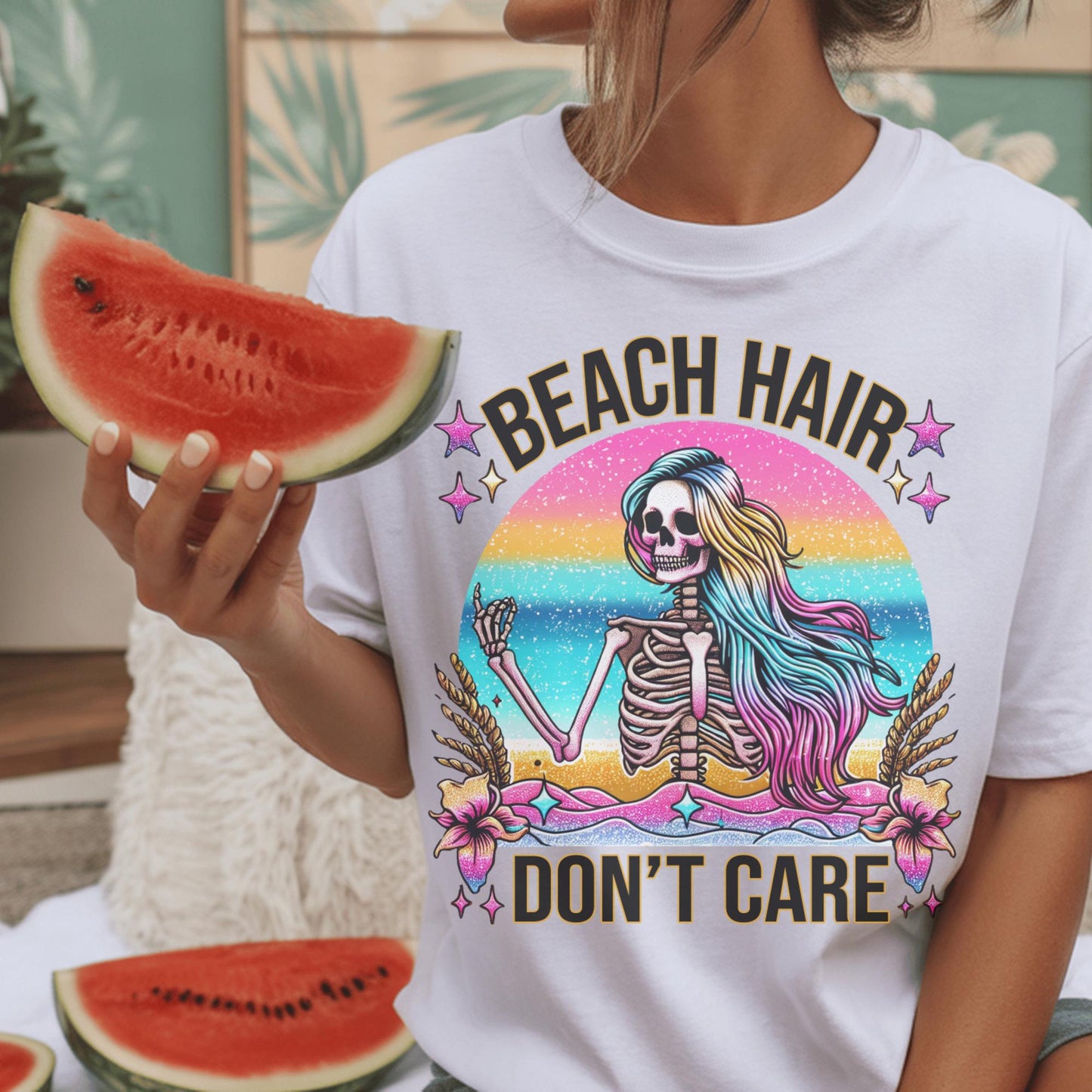 Beach Hair Don't Care T-Shirt, Grunge Skeleton Design, Rainbow Colors, Summer Beach Vibes, Unique Festival Shirt, Graphic Tee